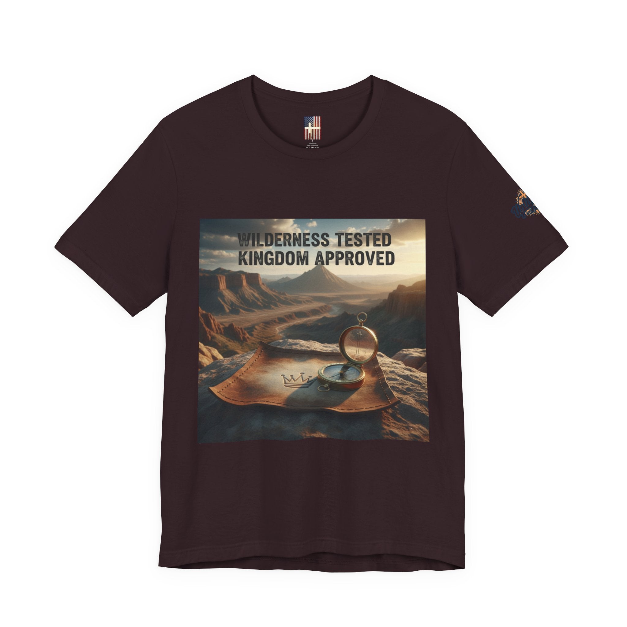 Wilderness Tested Kingdom Approved T-shirt – Mountain Desert Compass Crown Christian T-shirt for Biblical Adventure Faith Printify