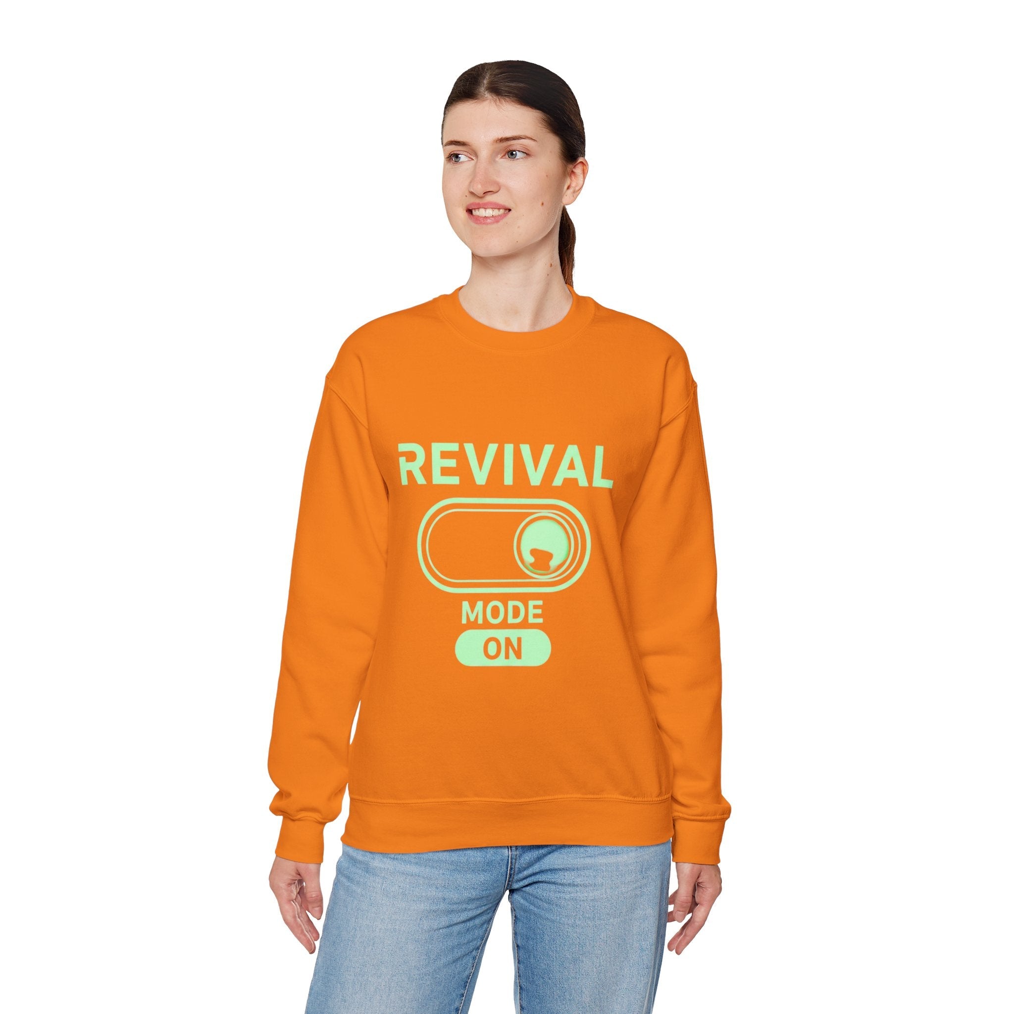 🔥 Revival Mode: ON – Christian Techwear Sweatshirt | Glowing Green Faith Switch | Futuristic Jesus Shirt | Activate Your Spiritual Awakening | Uplifted Gear Printify