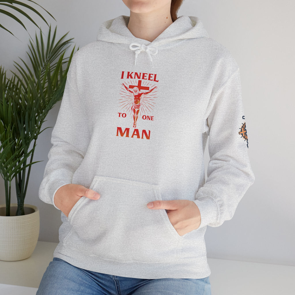 I Kneel to One Man Hoodie – Crucifixion Christian Sweatshirt for Unashamed Devotion & Bold Faith Printify