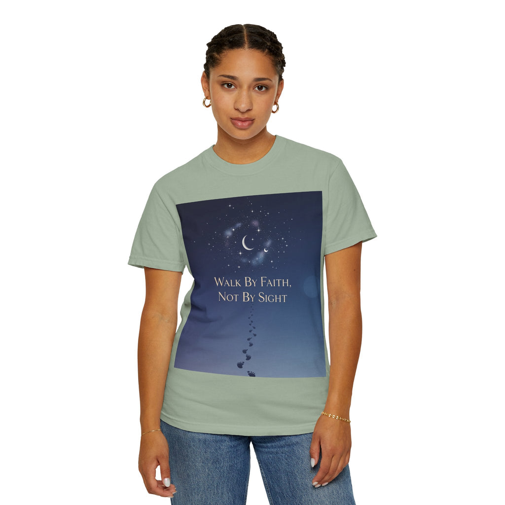 Walk by Faith, Not by Sight T-Shirt – Footprints in the Sand Christian Moonlit Tee Printify