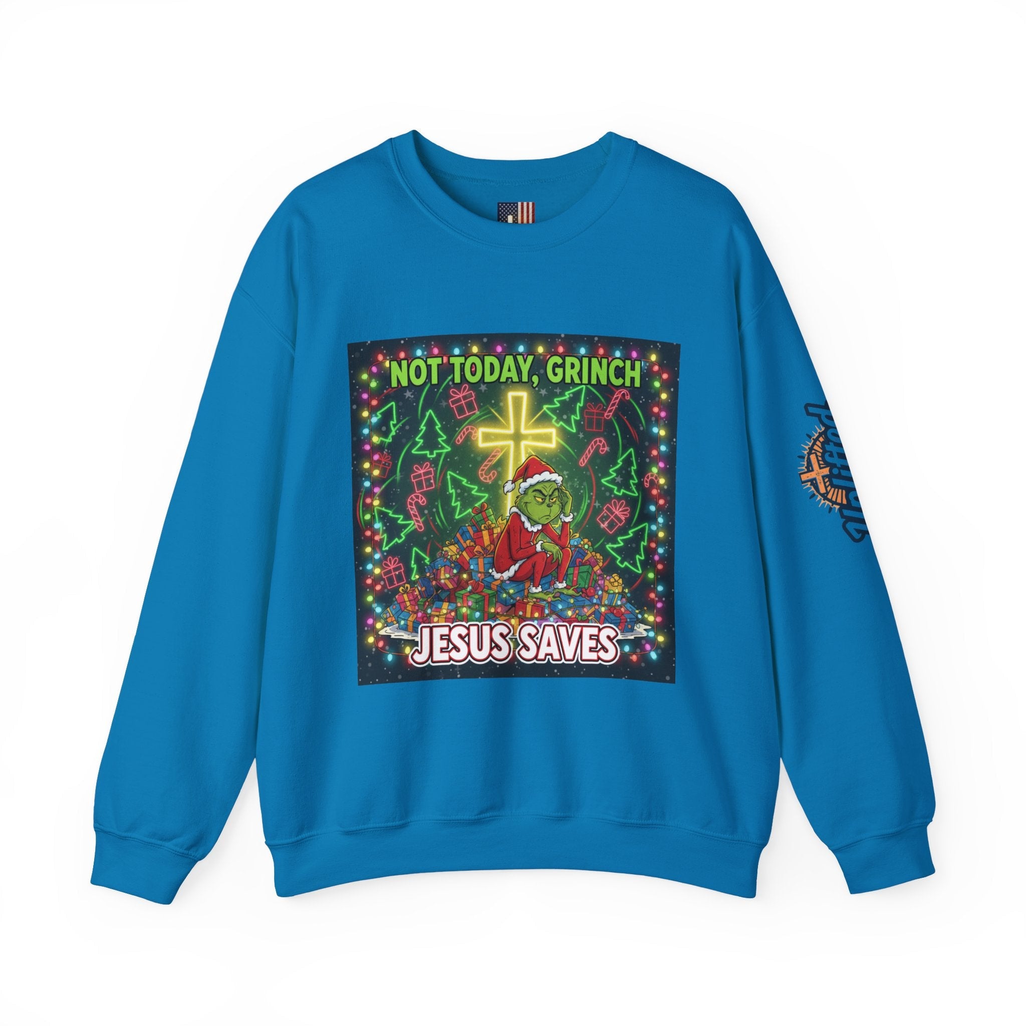 🎄 Not Today, Grinch – Jesus Saves | Funny Christian Christmas Sweatshirt | Festive Green & Red Cartoon Style | Bold Faith Holiday Tee by Uplifted Gear Printify