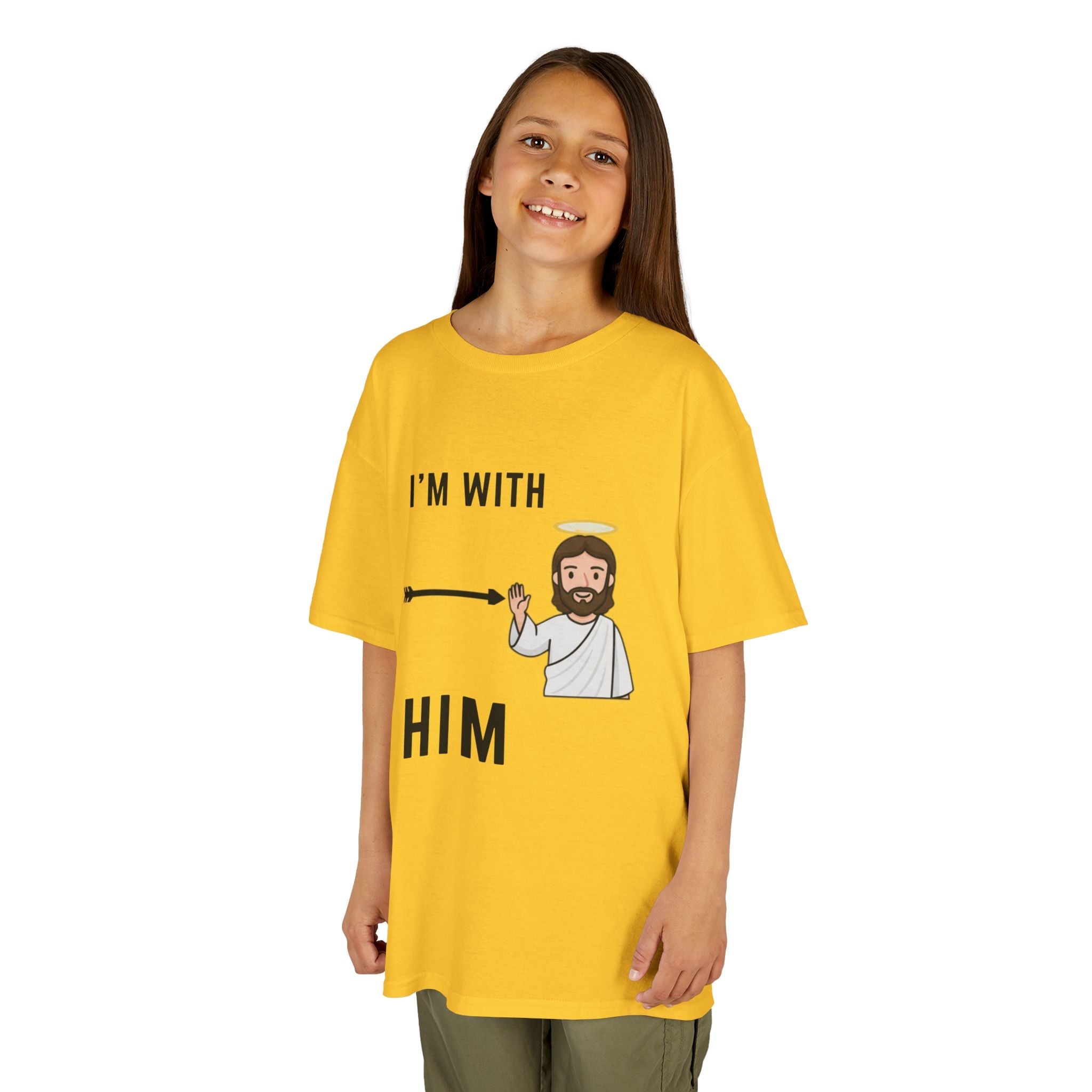 🔥 I’m With Him → Christian Kids T-Shirt | Arrow Pointing to Jesus | Minimalist Faith Tee | Subtle Cross Design | Bible-Inspired Apparel by Uplifted Gear Printify