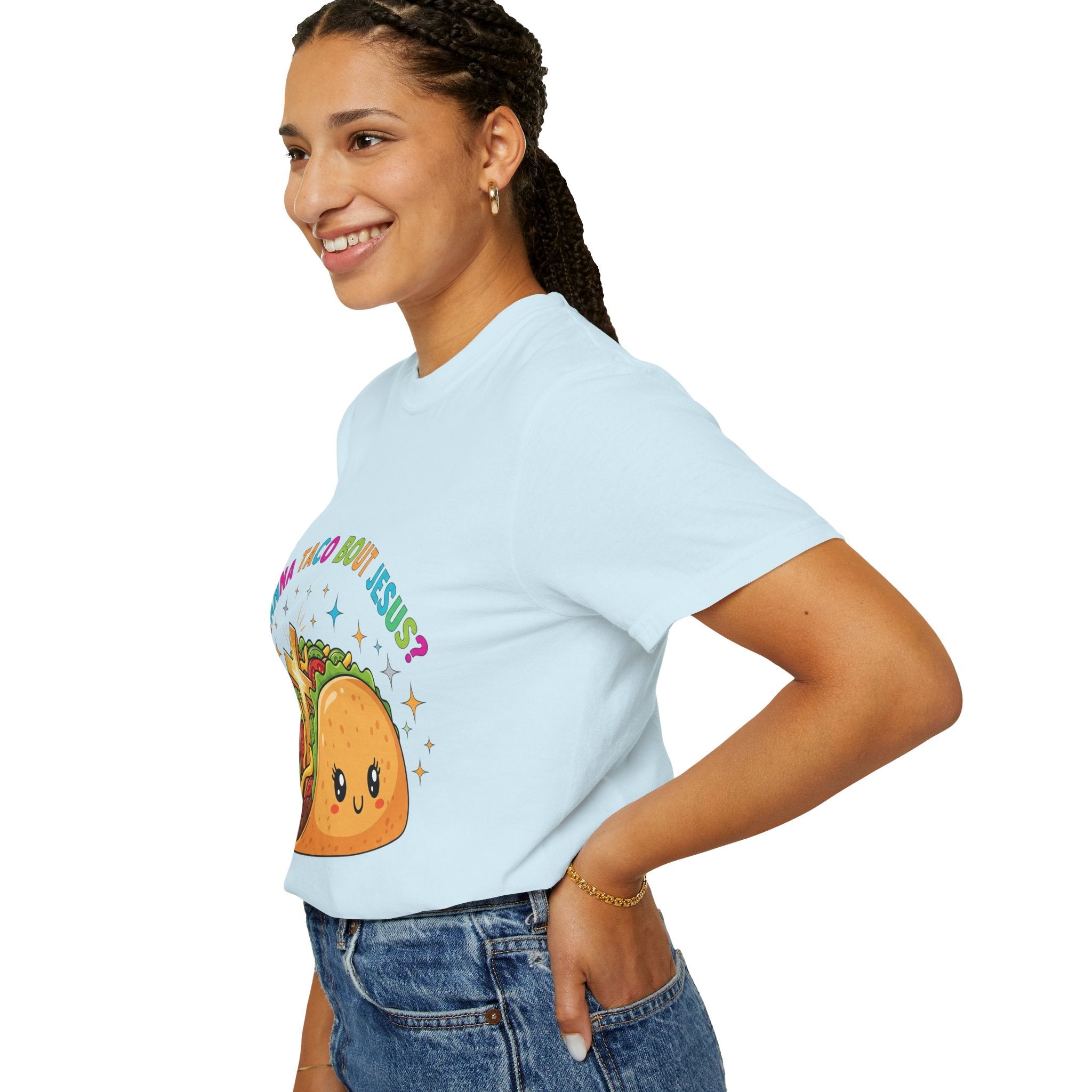 Wanna Taco 'Bout Jesus? Funny Christian Pun T-Shirt – Lettuce Pray & Share Faith! Printify