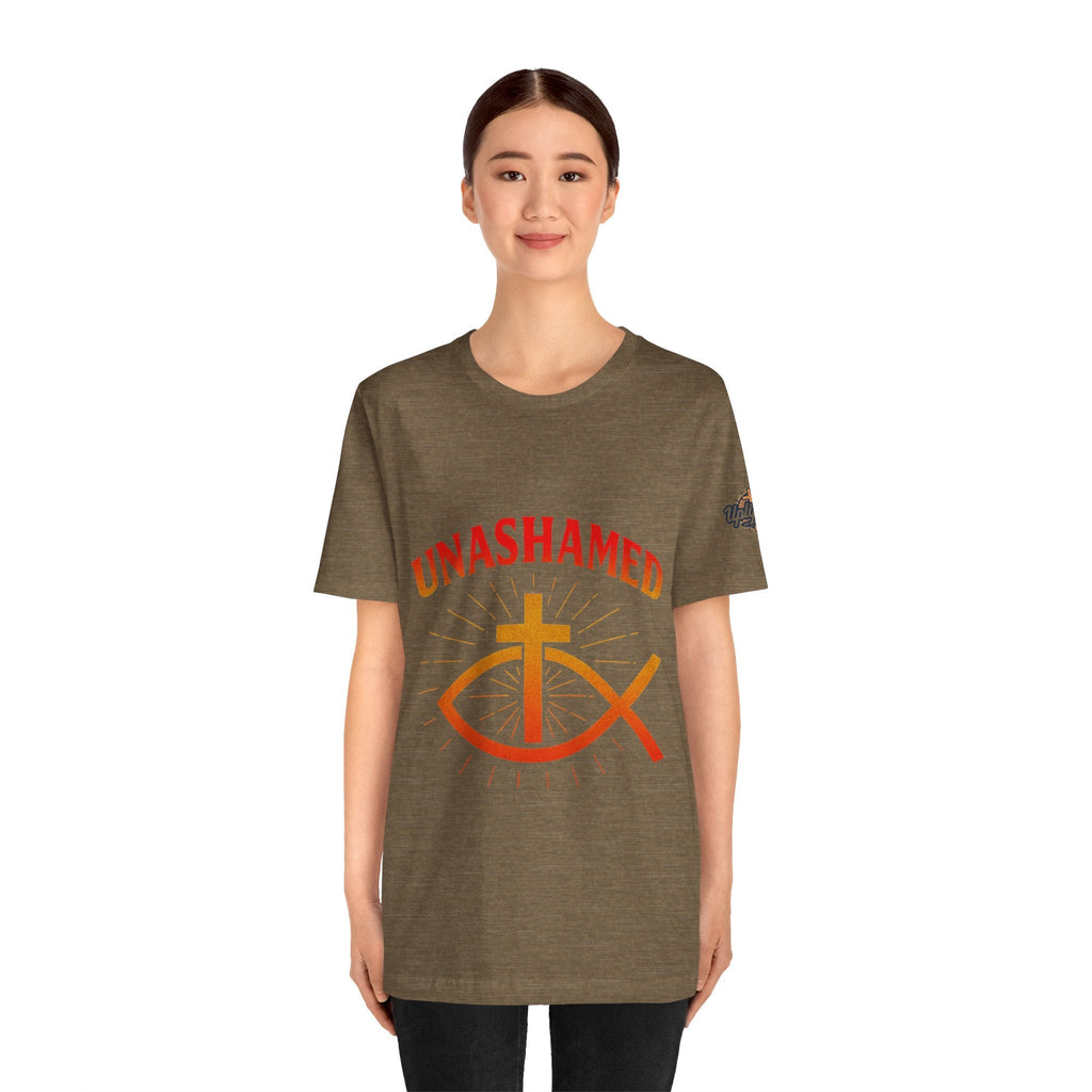 Unashamed T-shirt – Ichthys Jesus Fish & Cross Christian T-shirt for Romans 1:16 Bold Faith Printify