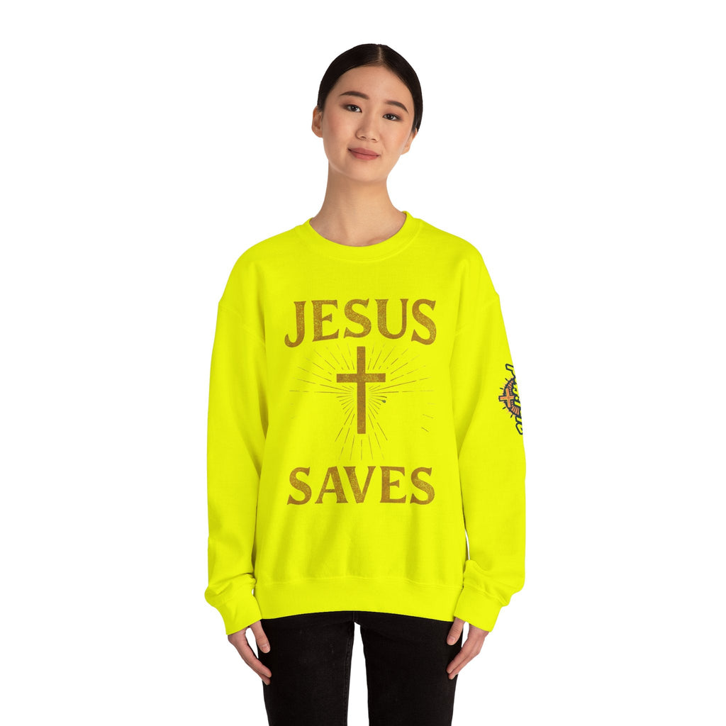Jesus Saves Sweatshirt – Radiant Cross & Rays of Light Christian Sweatshirt for Eternal Hope & Faith Printify