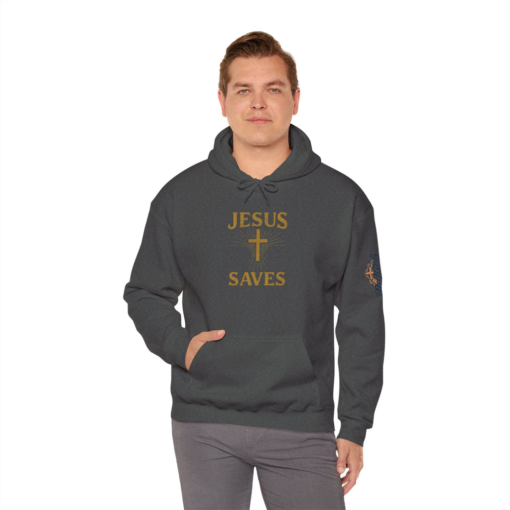 Jesus Saves Hoodie – Radiant Cross & Rays of Light Christian Sweatshirt for Eternal Hope & Faith Printify