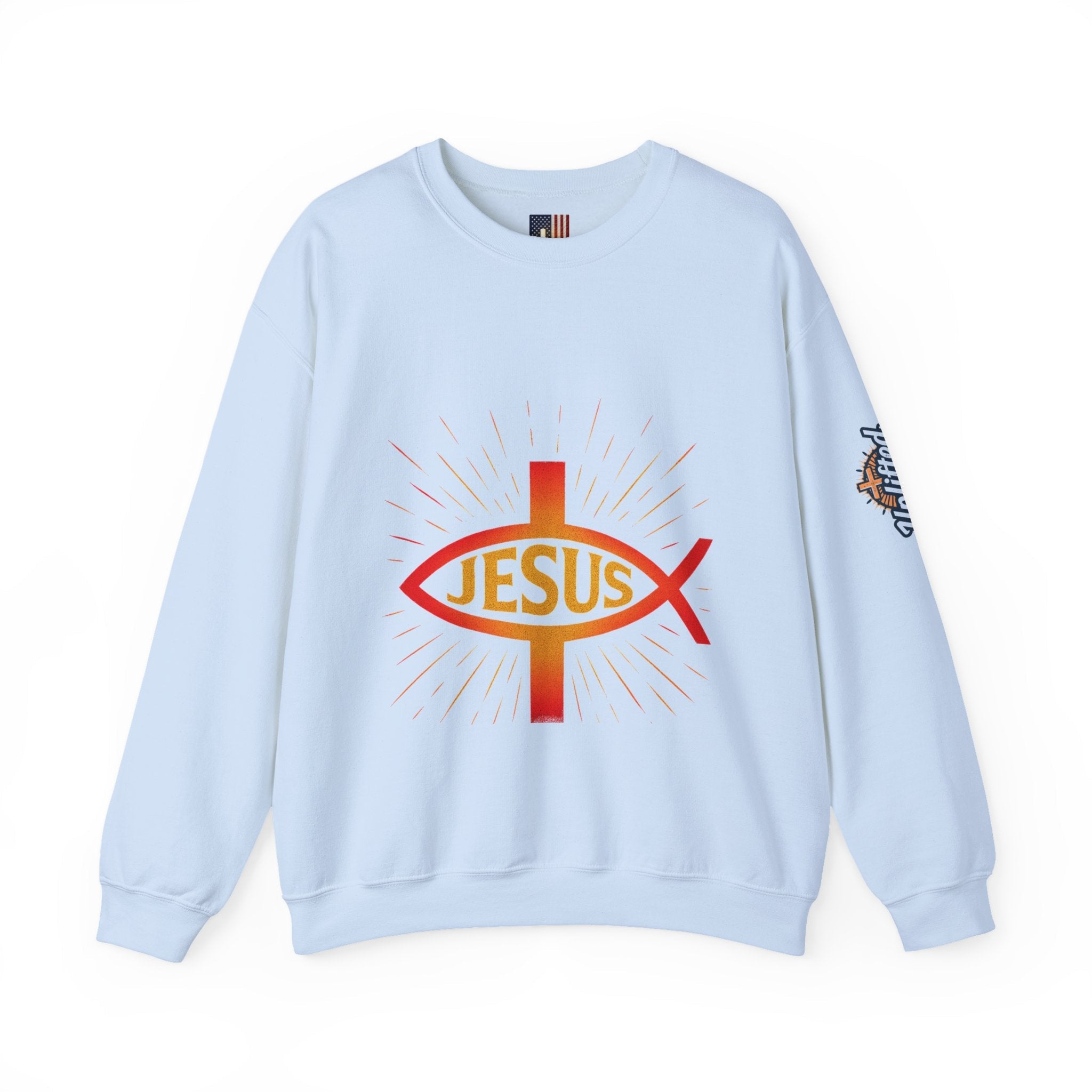 Jesus Ichthys Sweatshirt – Christian Fish Symbol with Cross & Jesus Inscription Sweatshirt for Eternal Faith & Streetwear Printify