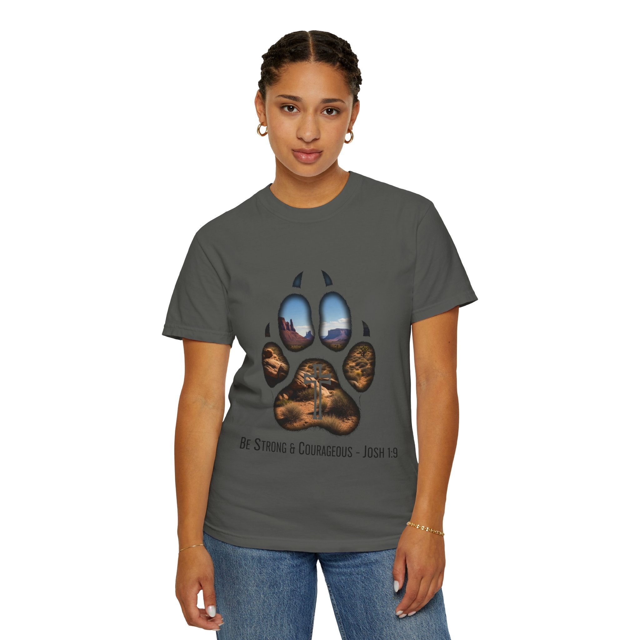 Strong and Courageous T-Shirt – Canine Pawprint Desert Joshua 1:9 Christian Tee Printify