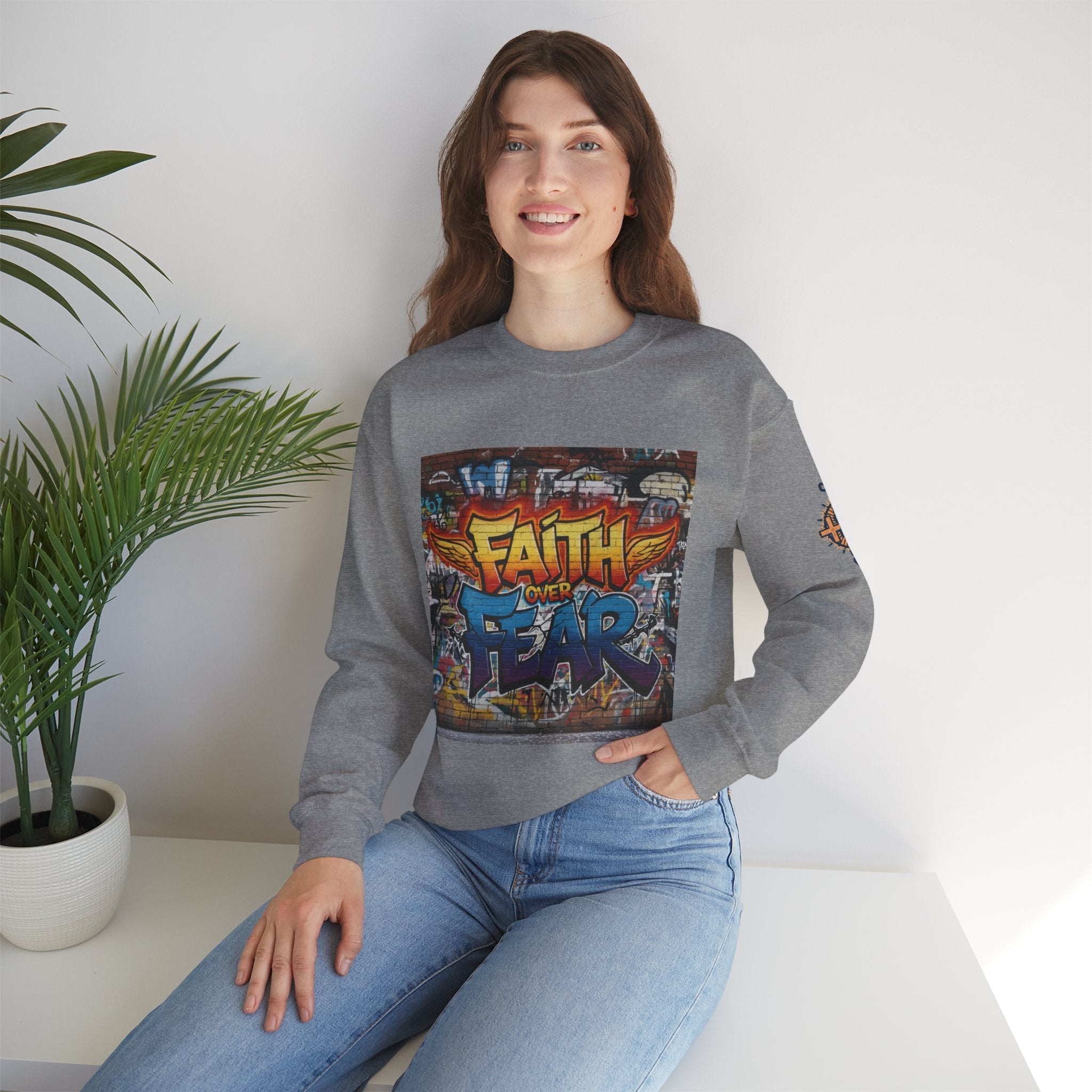 Faith Over Fear Sweatshirt – Graffiti Wall Christian Sweatshirt for Bold 2 Corinthians 5:7 Streetwear & Unshakable Faith Printify