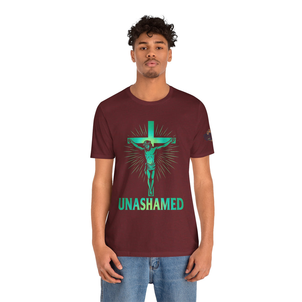 Unashamed T-shirt – Romans 1:16 Crucifixion Christian t-shirt for Bold Unwavering Faith Printify