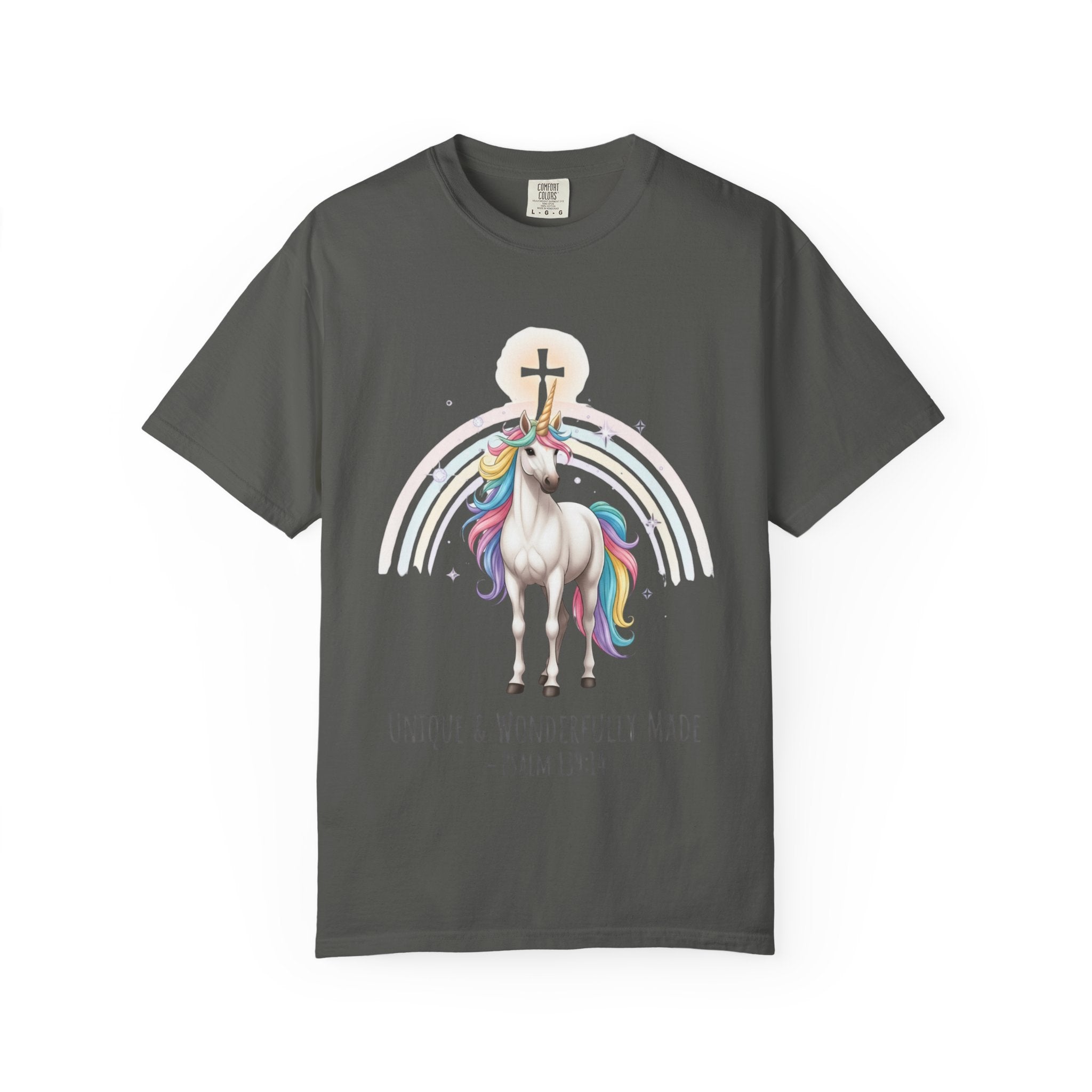 Unique Unicorn Christian T-Shirt – Wonderfully Made with Rainbow Cross & Psalm 139:14 Printify