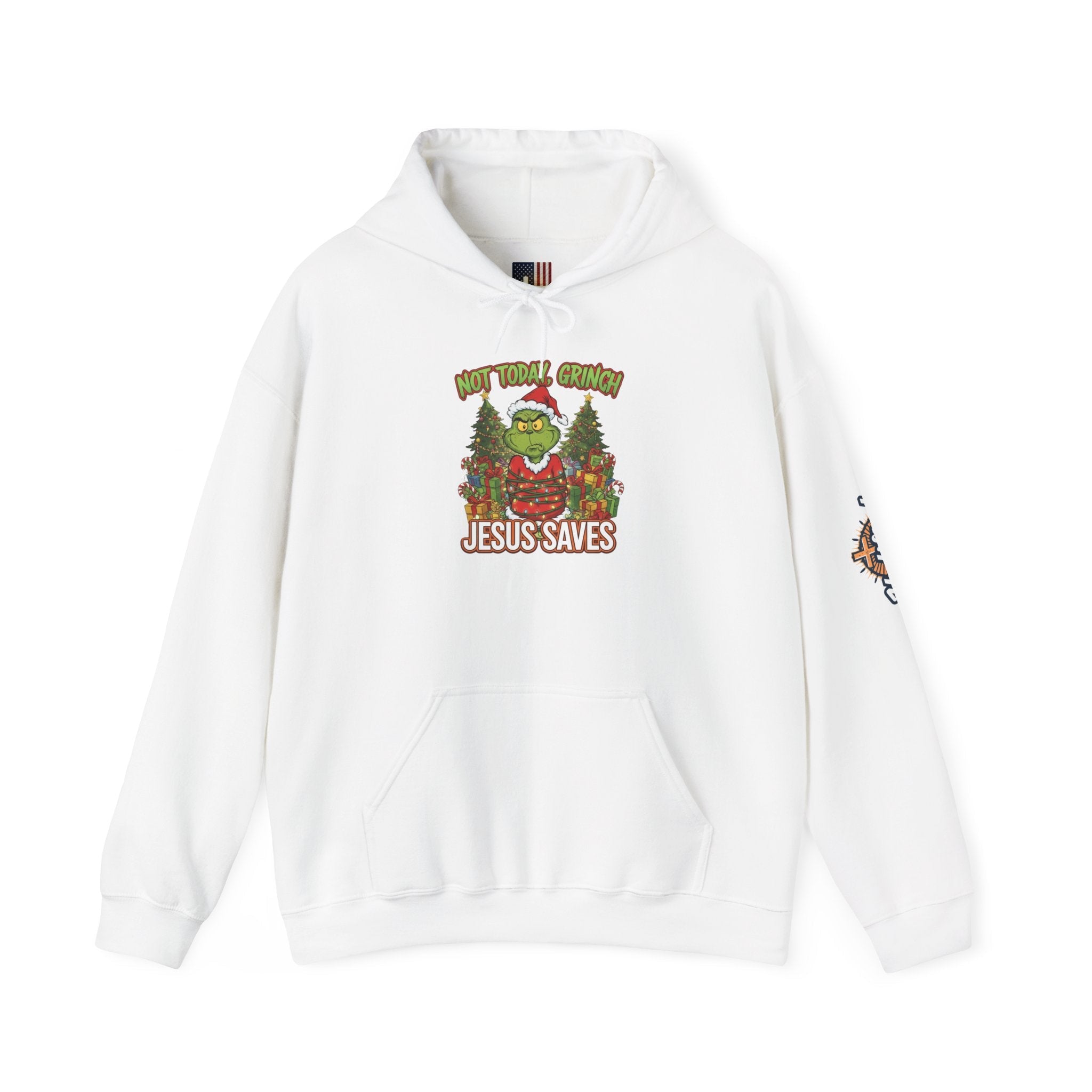 🎄 Not Today, Grinch – Jesus Saves | Funny Christian Christmas Hoodie | Sulking Grinch & Glowing Cross | Bold Neon Faith Tee by Uplifted Gear Printify