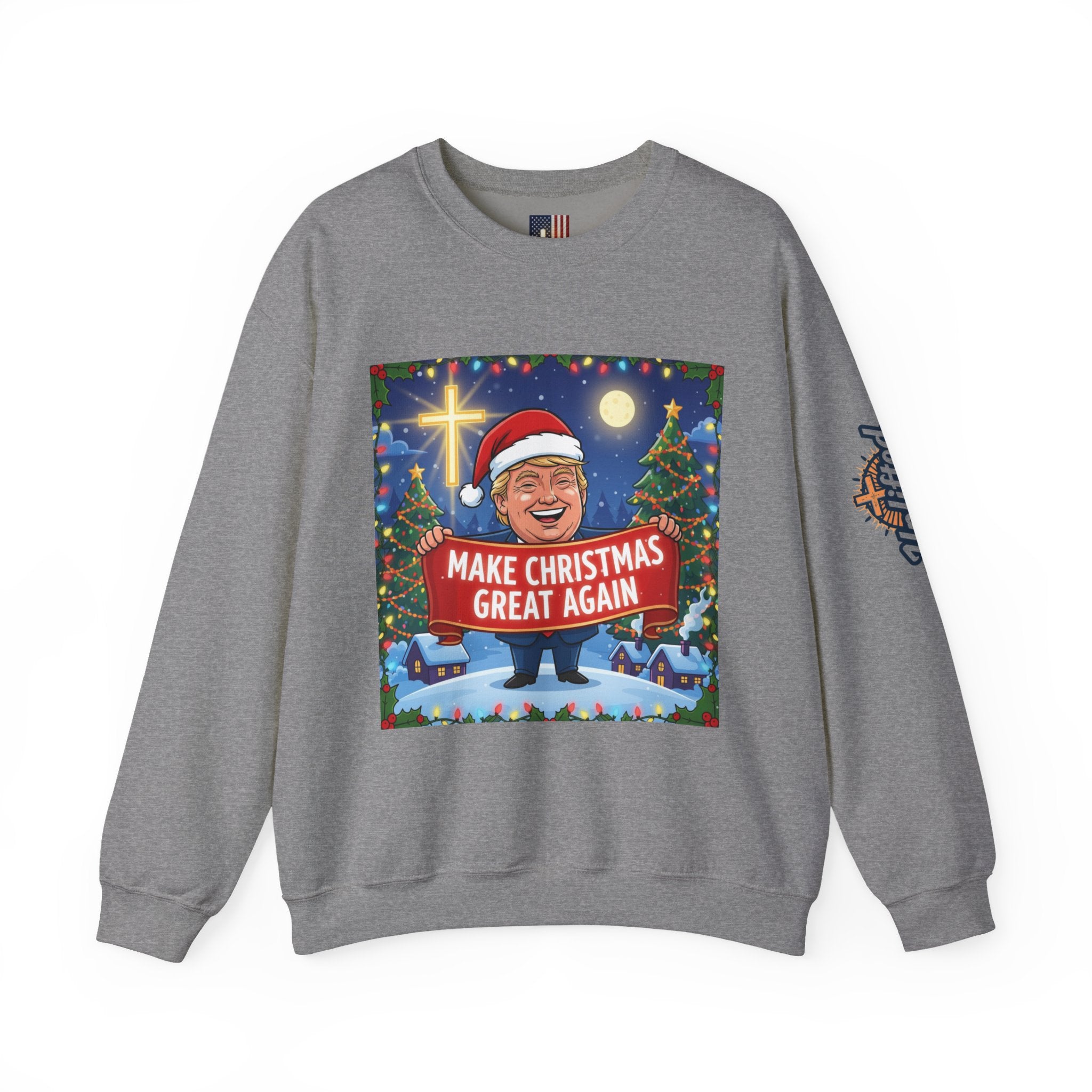 🎄 Make Christmas Great Again – Patriotic Christian Christmas Sweatshirt | Bold Holiday Faith Tee | Red & White Banner Design | Uplifted Gear Printify