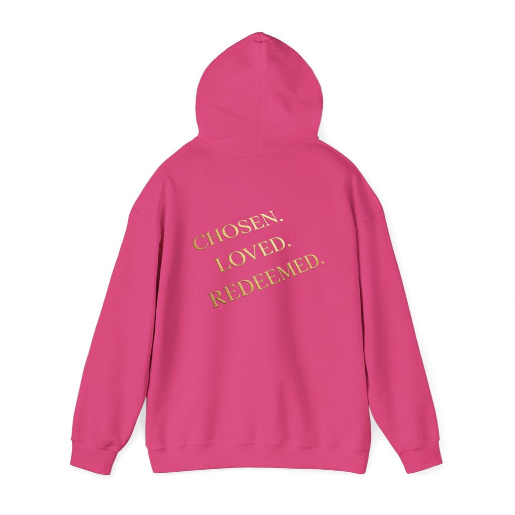 ✨ Chosen. Loved. Redeemed. – Elegant Christian Hoodie | Gold Foil Faith Tee | Subtle Cross & Heart Design | Inspirational Bible Verse Apparel by Uplifted Gear Printify