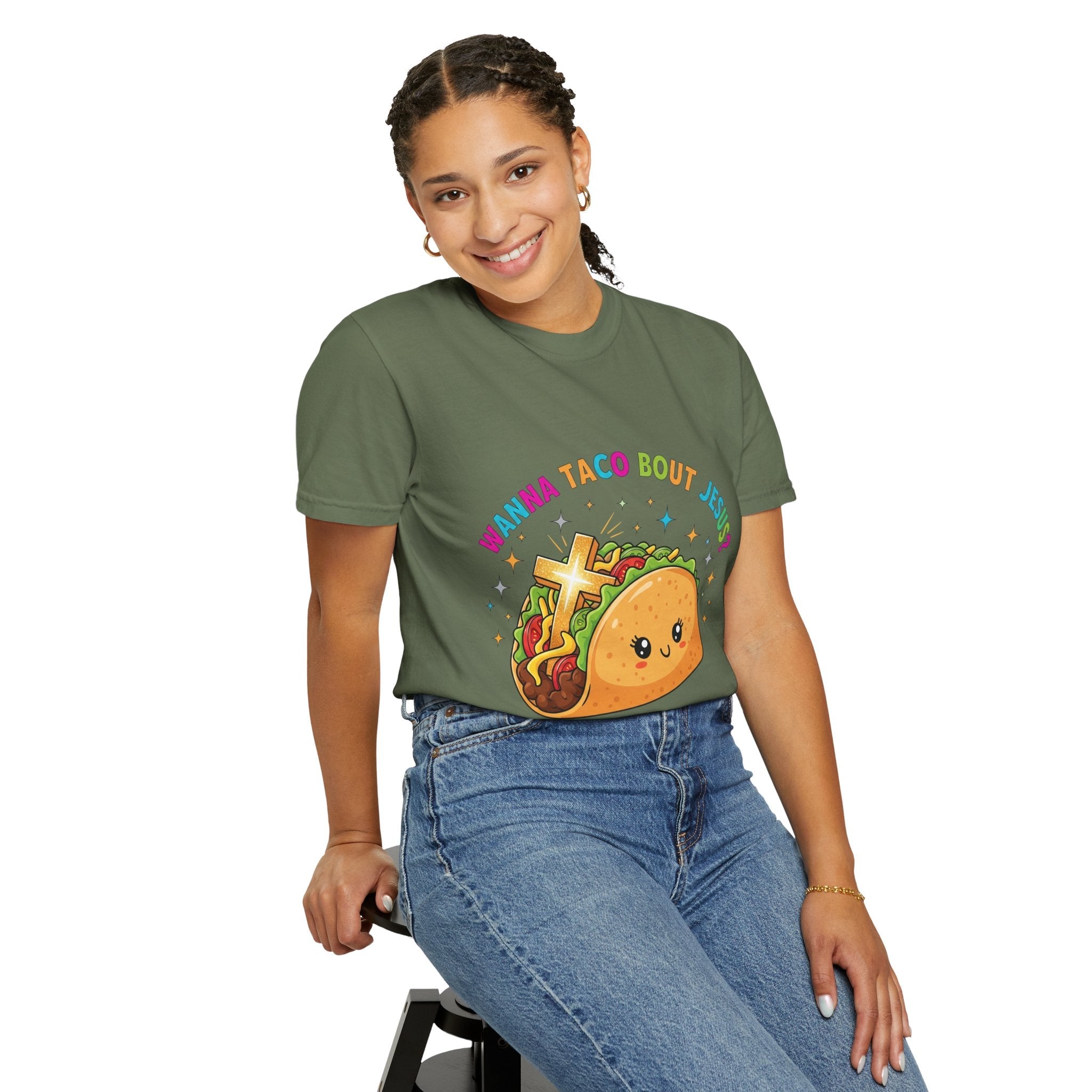 Wanna Taco 'Bout Jesus? Funny Christian Pun T-Shirt – Lettuce Pray & Share Faith! Printify