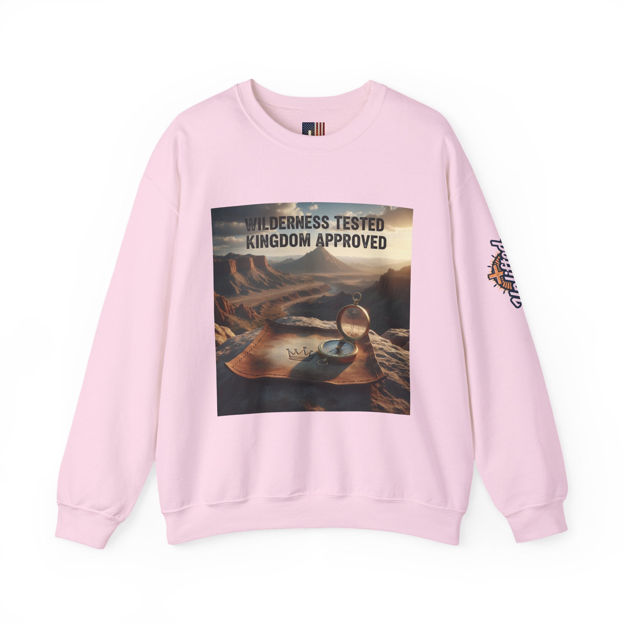 Wilderness Tested Kingdom Approved Sweatshirt – Mountain Desert Compass Crown Christian Sweatshirt for Biblical Adventure Faith Printify