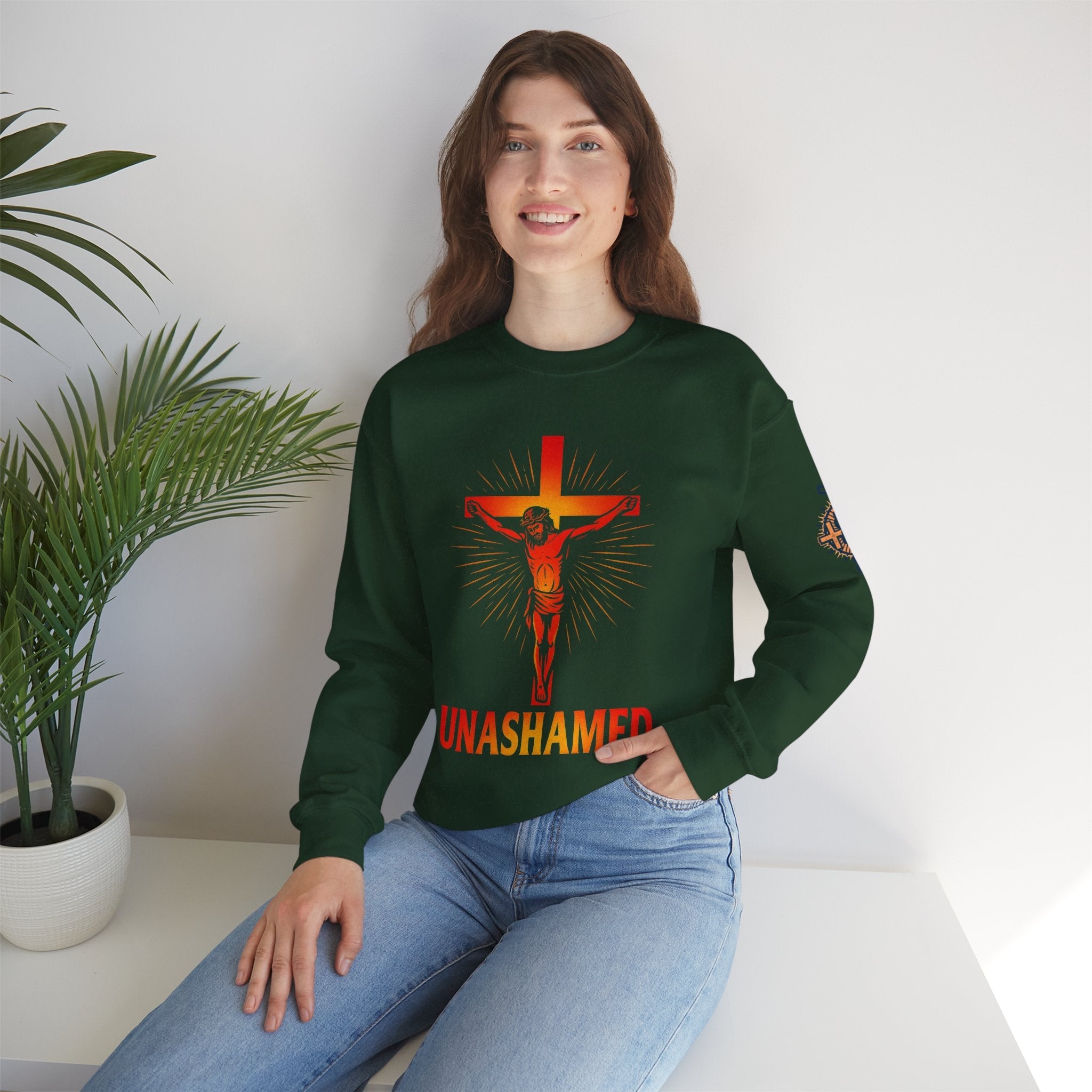 Unashamed Sweatshirt – Romans 1:16 Crucifixion Christian Sweatshirt for Bold Unwavering Faith Printify