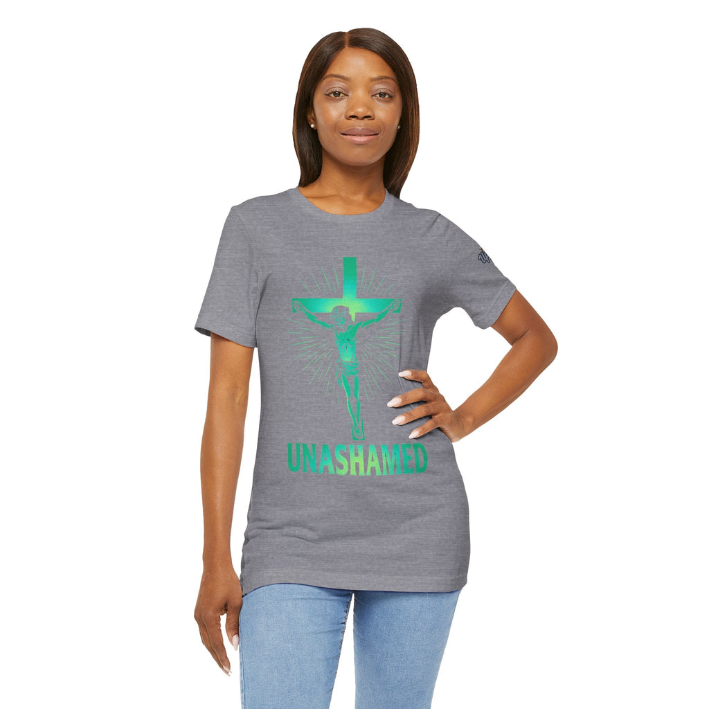 Unashamed T-shirt – Romans 1:16 Crucifixion Christian t-shirt for Bold Unwavering Faith Printify