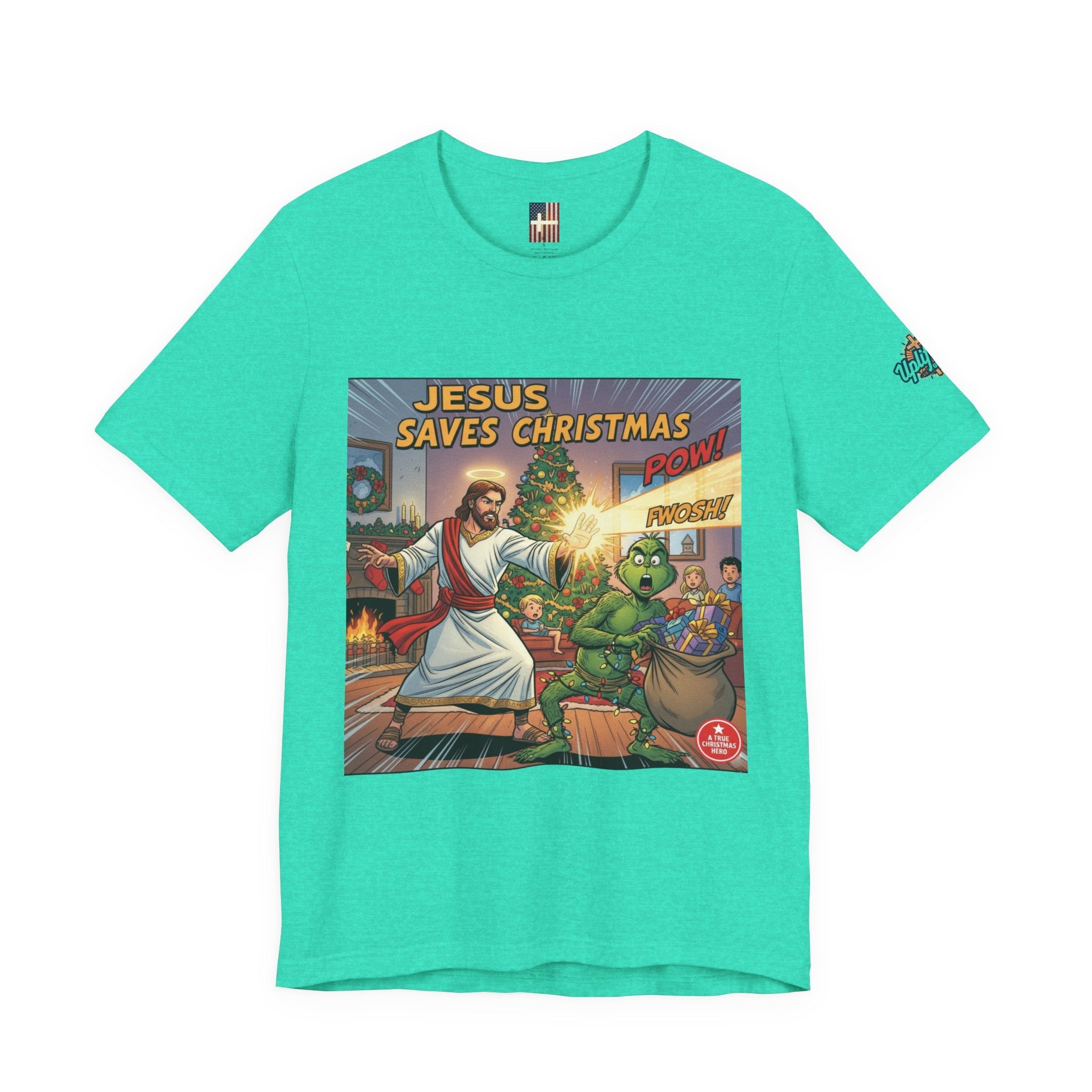 Jesus Saves Christmas T-shirt – Grinch vs Savior Light Battle Christian T-shirt for Hilarious Holiday Faith & True Joy Printify