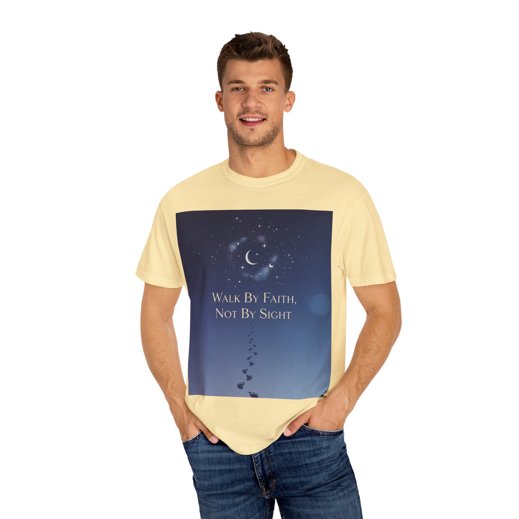 Walk by Faith, Not by Sight T-Shirt – Footprints in the Sand Christian Moonlit Tee Printify