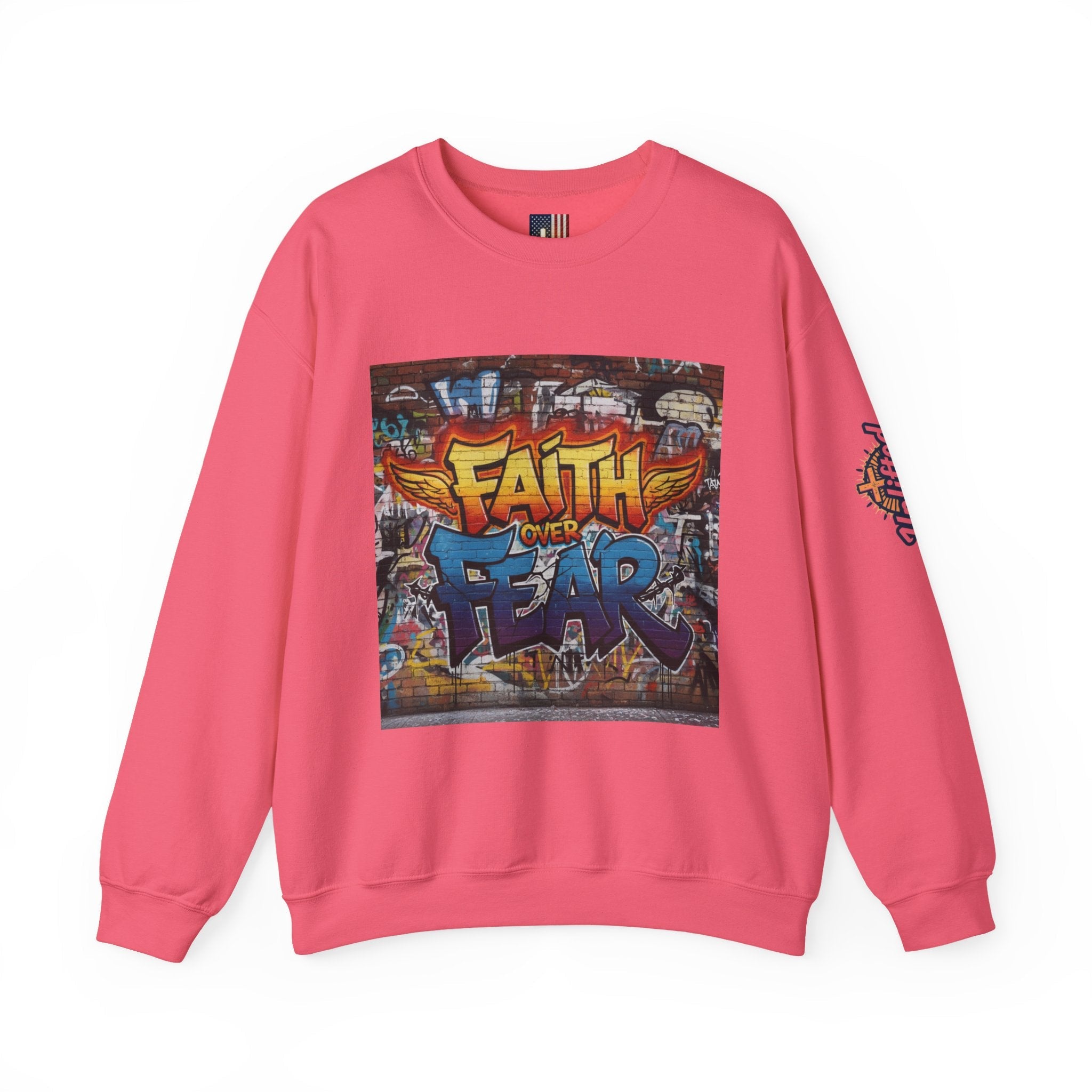 Faith Over Fear Sweatshirt – Graffiti Wall Christian Sweatshirt for Bold 2 Corinthians 5:7 Streetwear & Unshakable Faith Printify