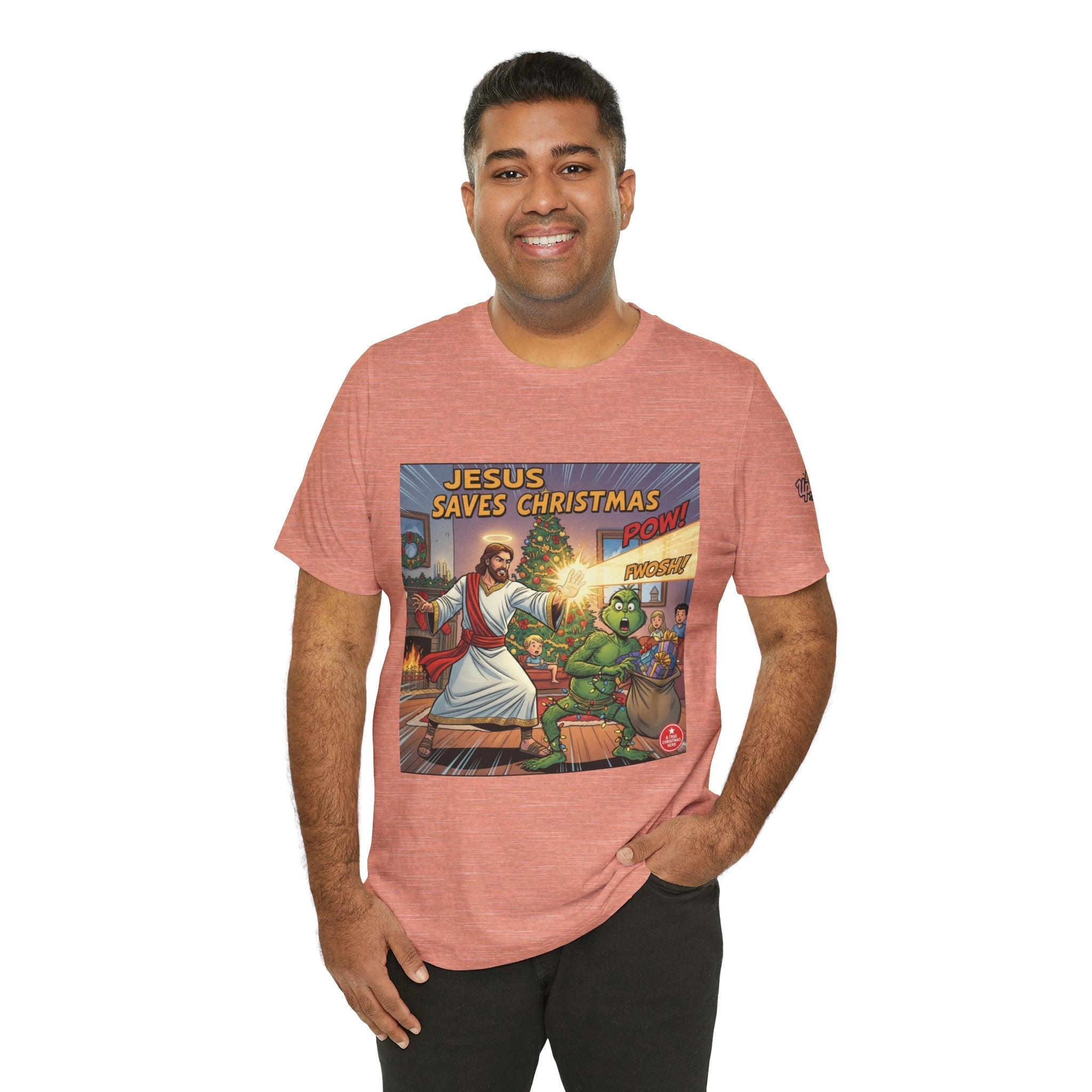 Jesus Saves Christmas T-shirt – Grinch vs Savior Light Battle Christian T-shirt for Hilarious Holiday Faith & True Joy Printify
