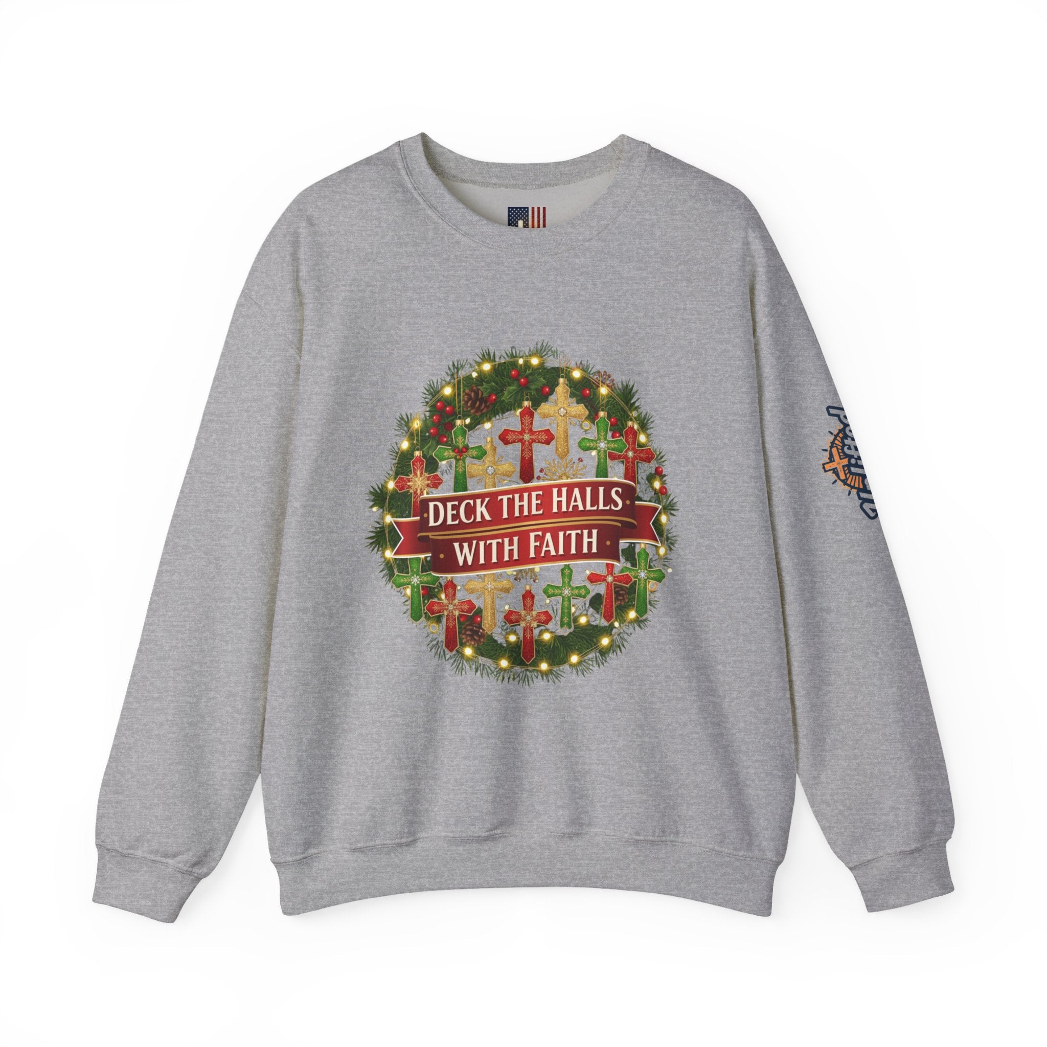 🎄 Deck the Halls with Faith – Christian Christmas Sweatshirt | Cross Ornament Design & Festive Garland | Bold Holiday Faith Tee by Uplifted Gear Printify