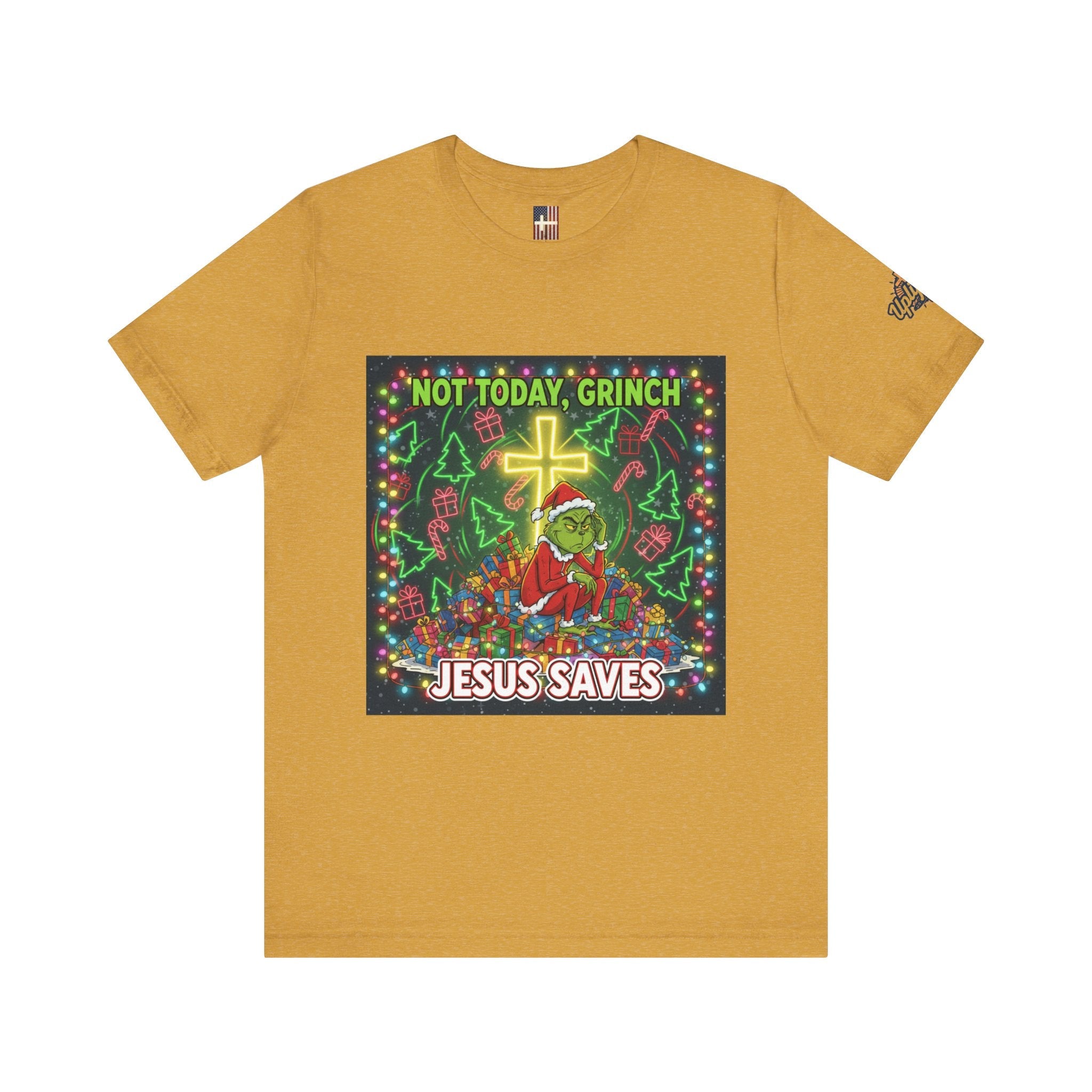 🎄 Not Today, Grinch – Jesus Saves | Funny Christian Christmas T-Shirt | Festive Green & Red Cartoon Style | Bold Faith Holiday Tee by Uplifted Gear Printify