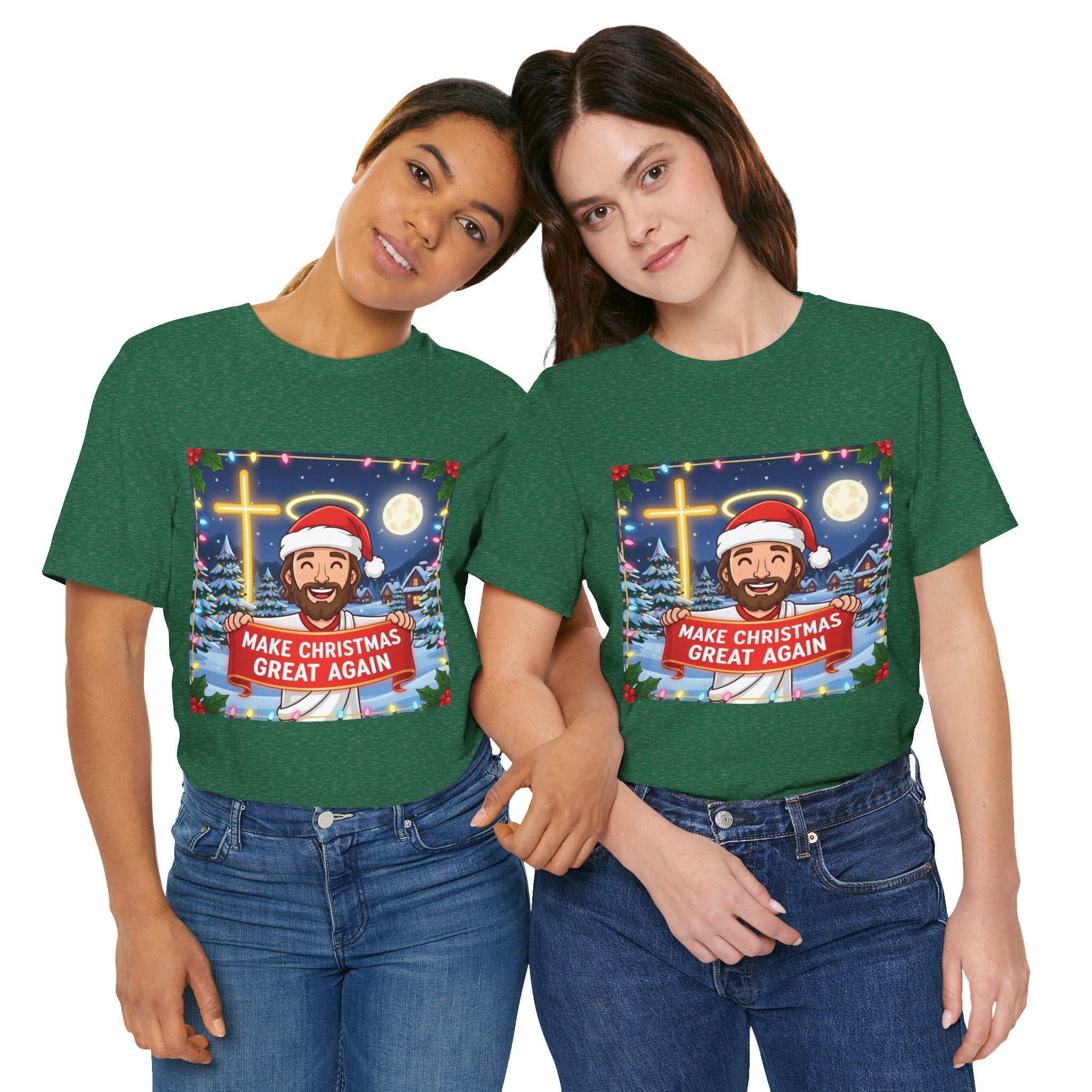 🎄 Make Christmas Great Again – Funny Christian T-Shirt | Jesus Holding Banner | Faith-Based Holiday Parody Tee | Uplifted Gear Printify