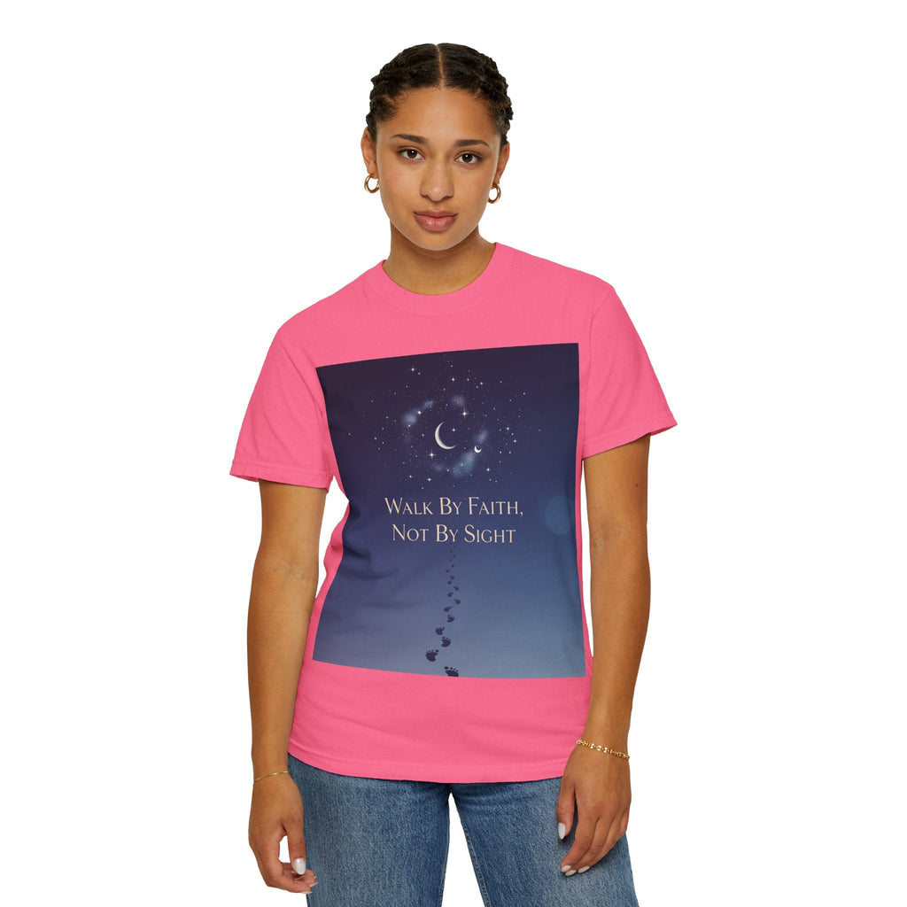 Walk by Faith, Not by Sight T-Shirt – Footprints in the Sand Christian Moonlit Tee Printify