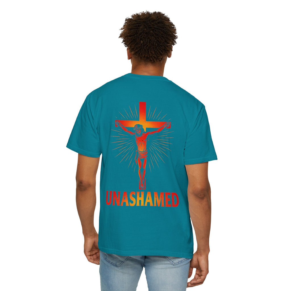 Unashamed T-shirt – Romans 1:16 Crucifixion Christian t-shirt for Bold Unwavering Faith Red Printify