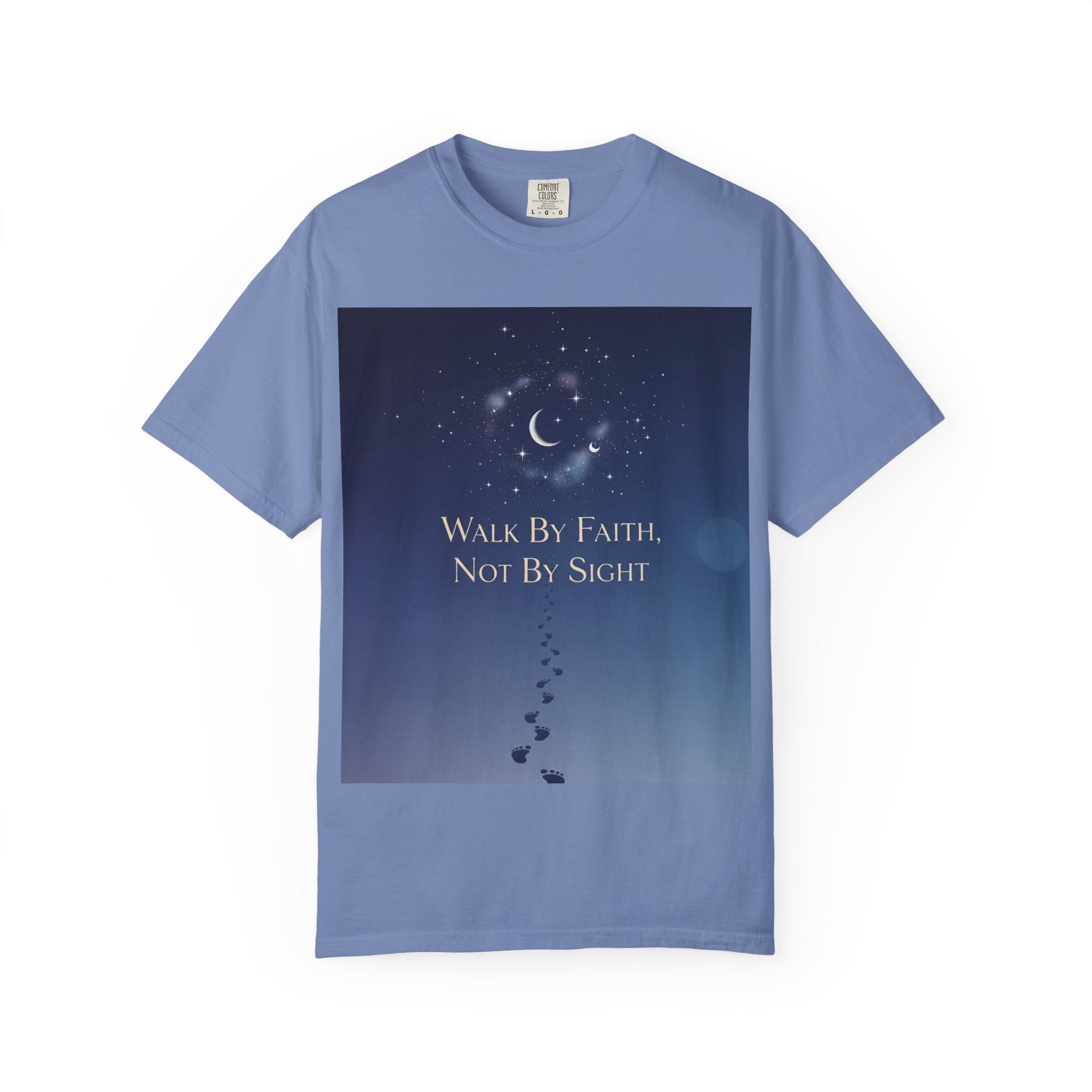 Walk by Faith, Not by Sight T-Shirt – Footprints in the Sand Christian Moonlit Tee Printify