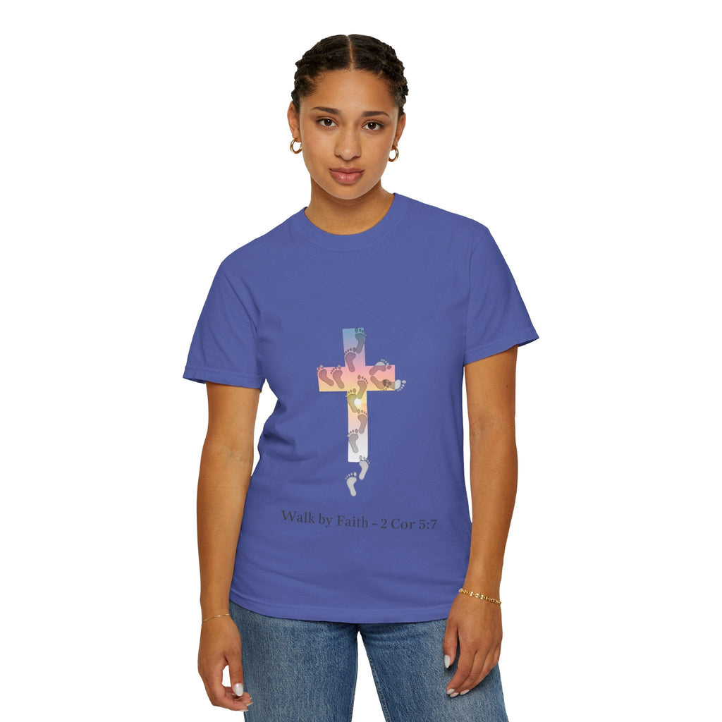 Walk by Faith T-Shirt – Cross & Footprints Christian Tee for Bold Believers Printify