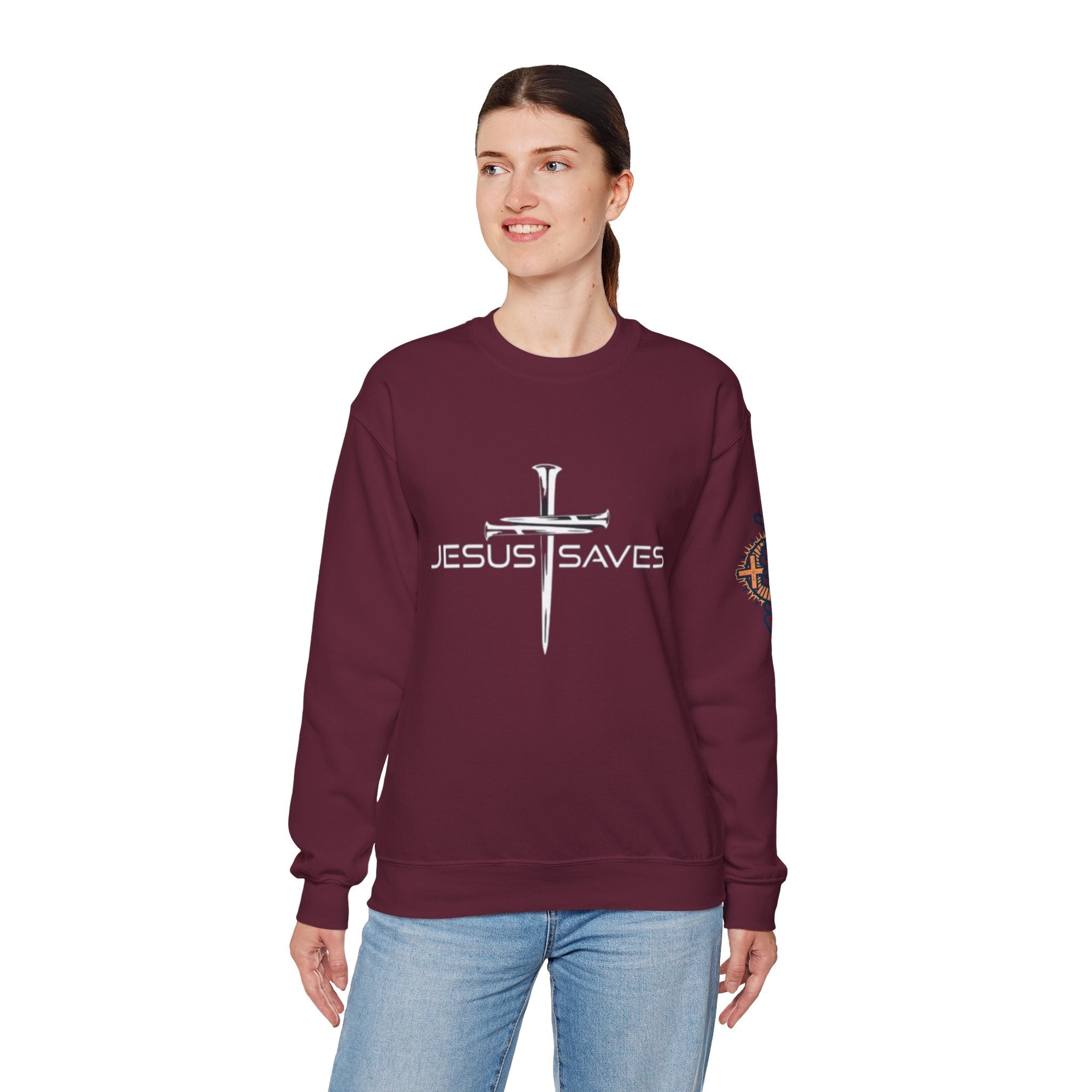 Jesus Saves Sweatshirt – 3 Nails Crucifix Cross Christian Sweatshirt for Redemption Faith & Bold Salvation Printify