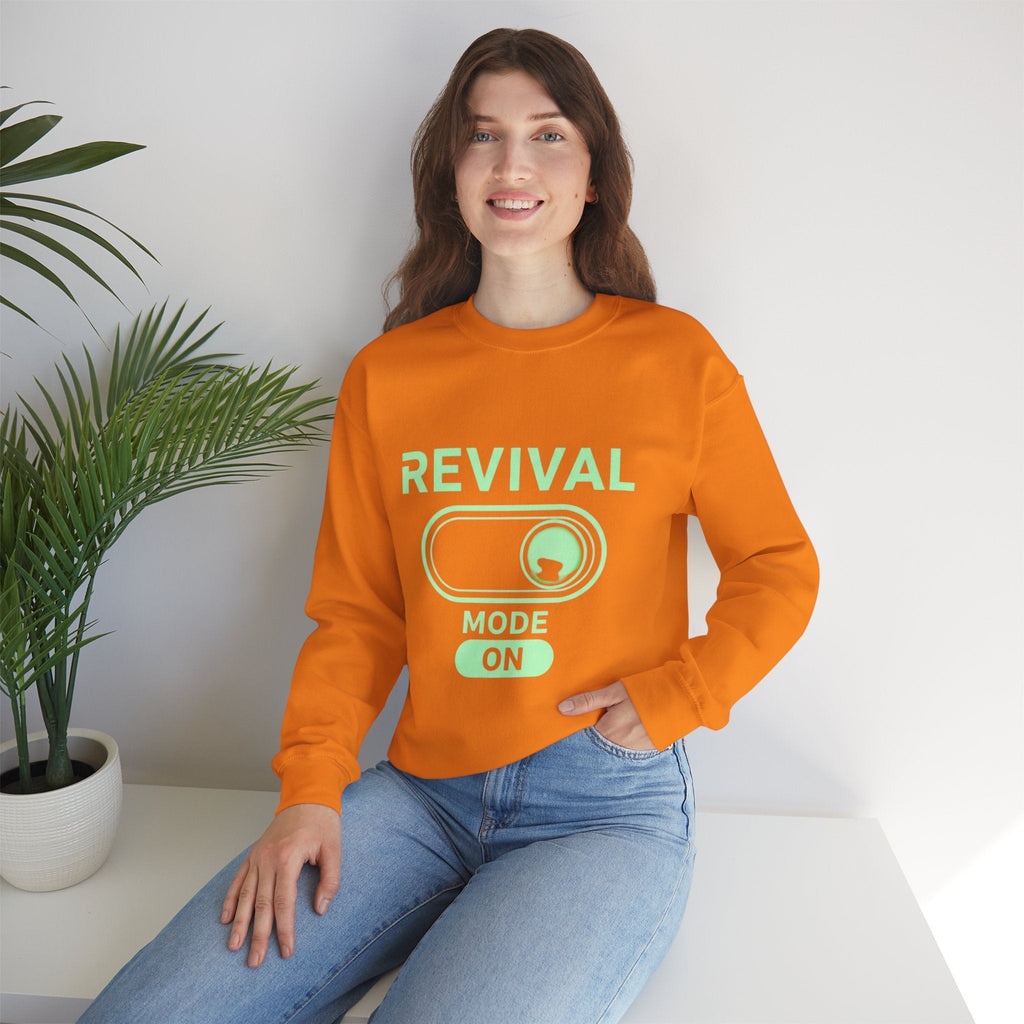 🔥 Revival Mode: ON – Christian Techwear Sweatshirt | Glowing Green Faith Switch | Futuristic Jesus Shirt | Activate Your Spiritual Awakening | Uplifted Gear Printify