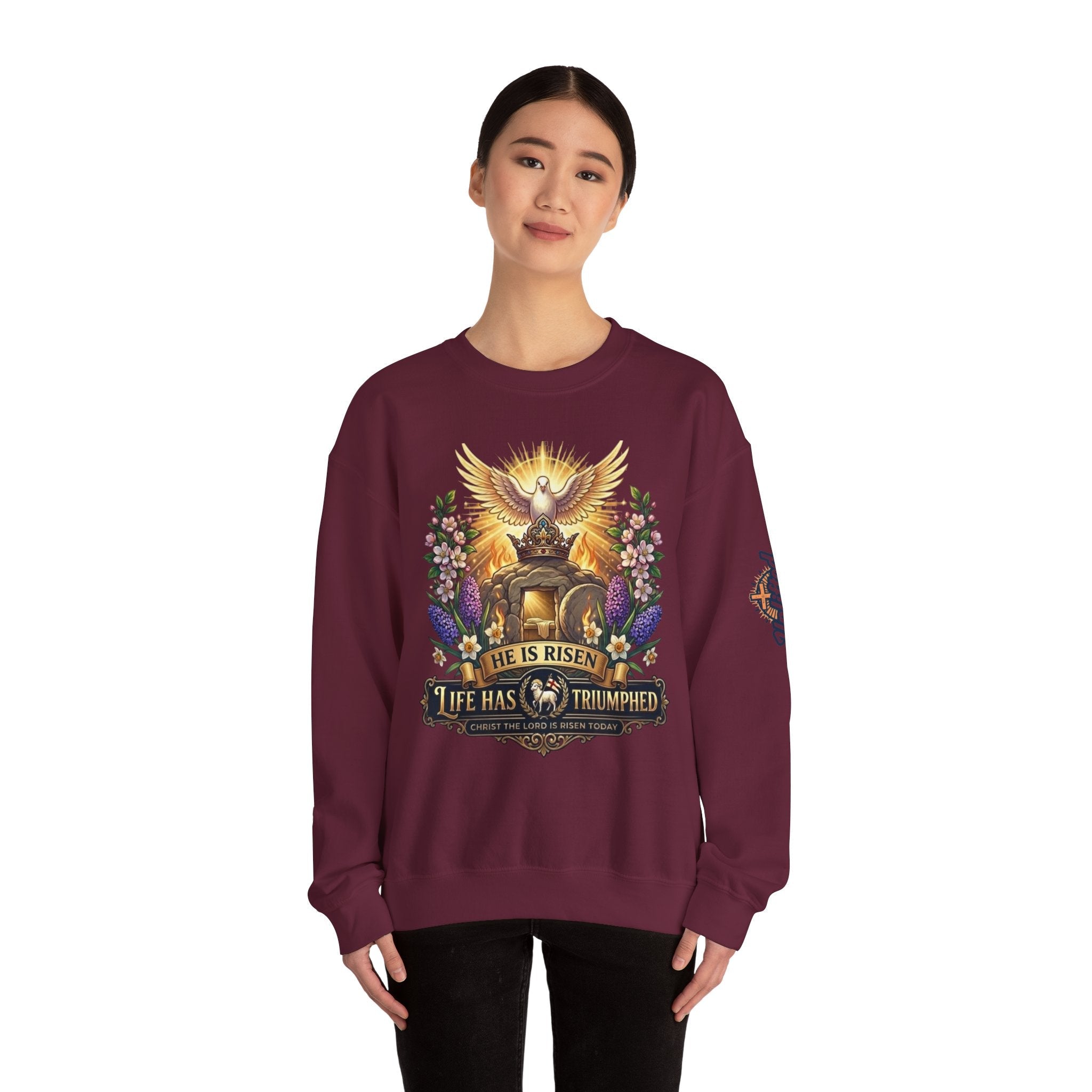 He Is Risen "Life Has Triumphed" Sweatshirt — Easter Resurrection Christian Sweatshirt Printify