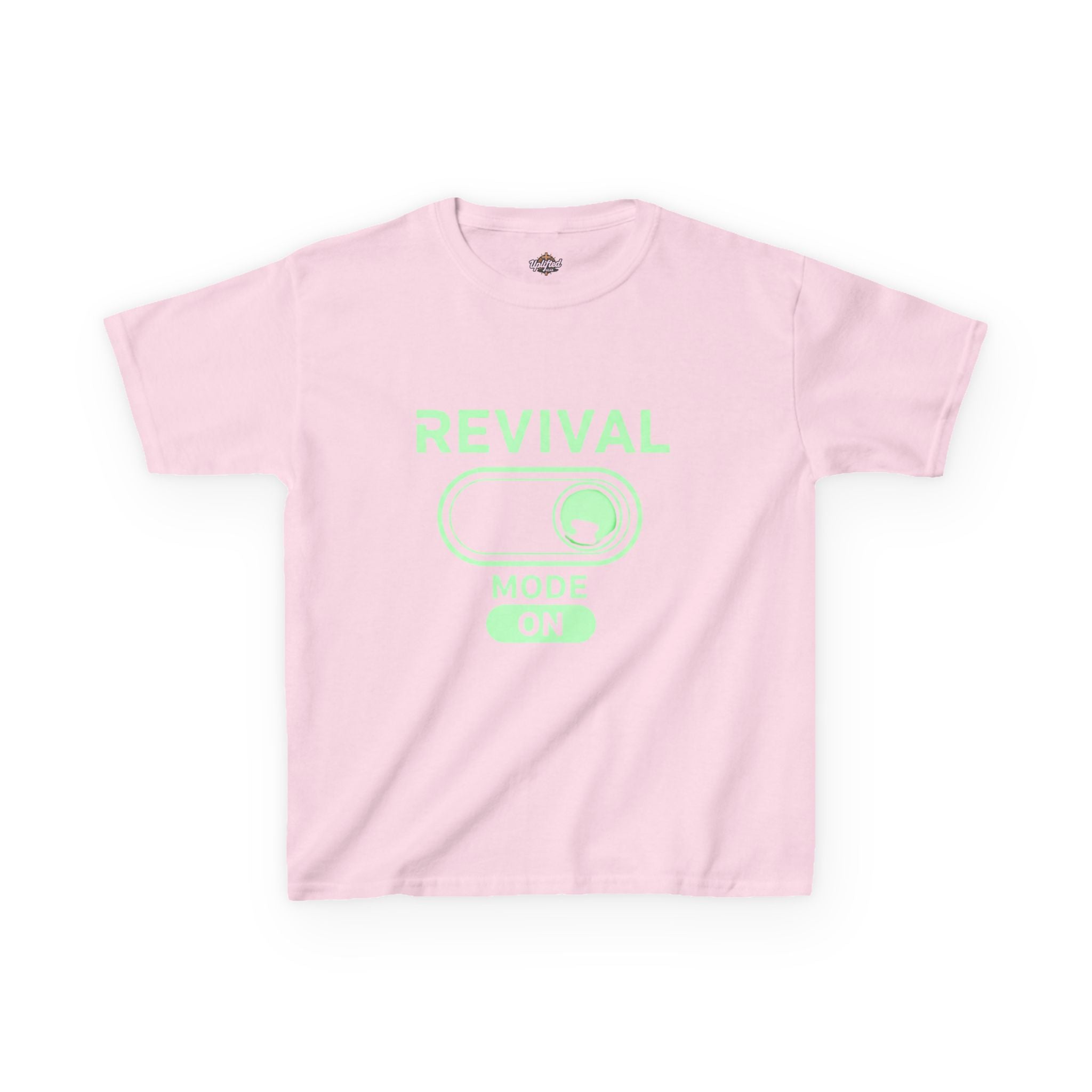 🔥 Revival Mode: ON – Christian Techwear Kids T-Shirt | Glowing Green Faith Switch | Futuristic Jesus Shirt | Activate Your Spiritual Awakening | Uplifted Gear Printify