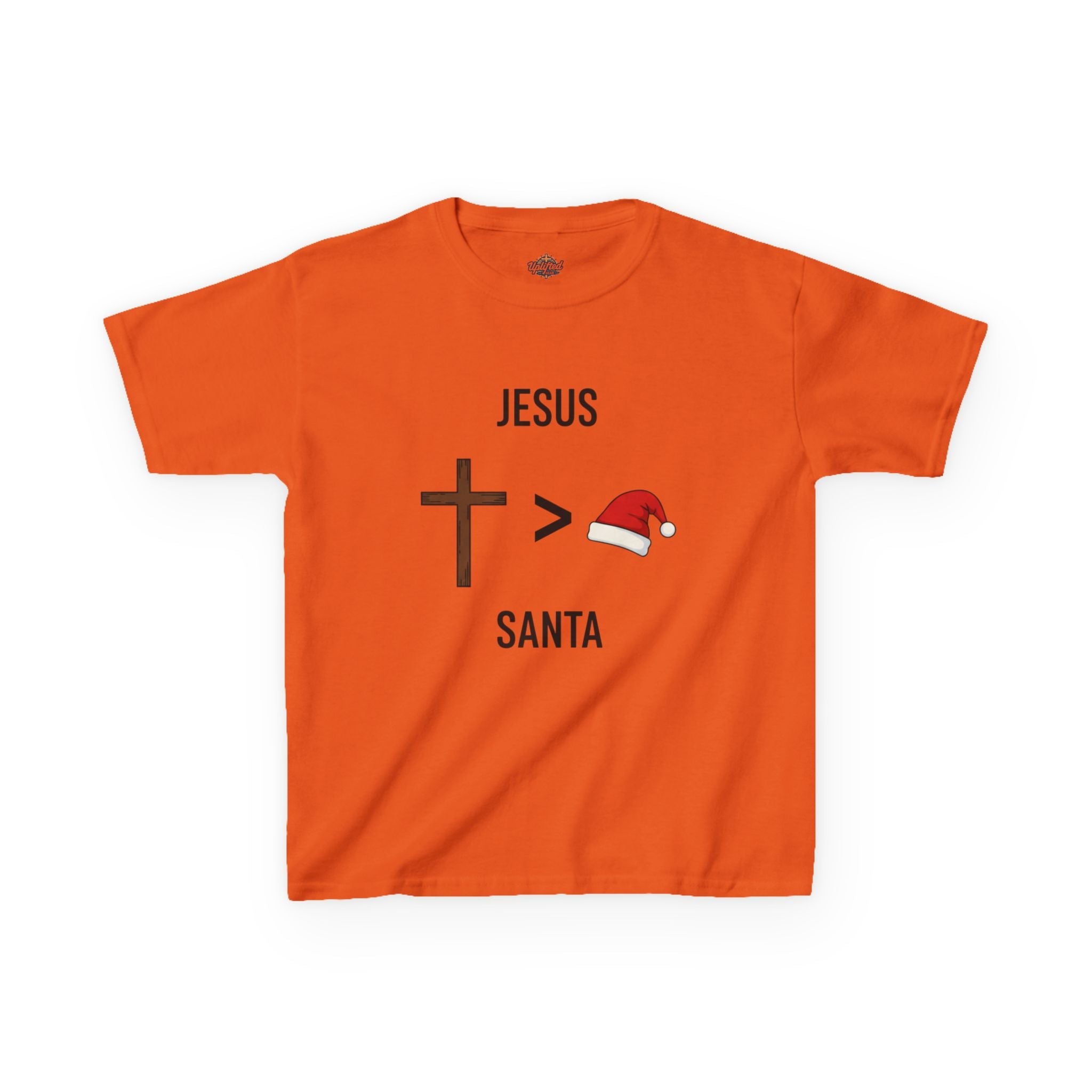 🎄 Jesus > Santa – Minimalist Christian Christmas Kids T-Shirt | Bold Faith Over Holiday Tee | Cross vs Santa Hat Design | Uplifted Gear Printify