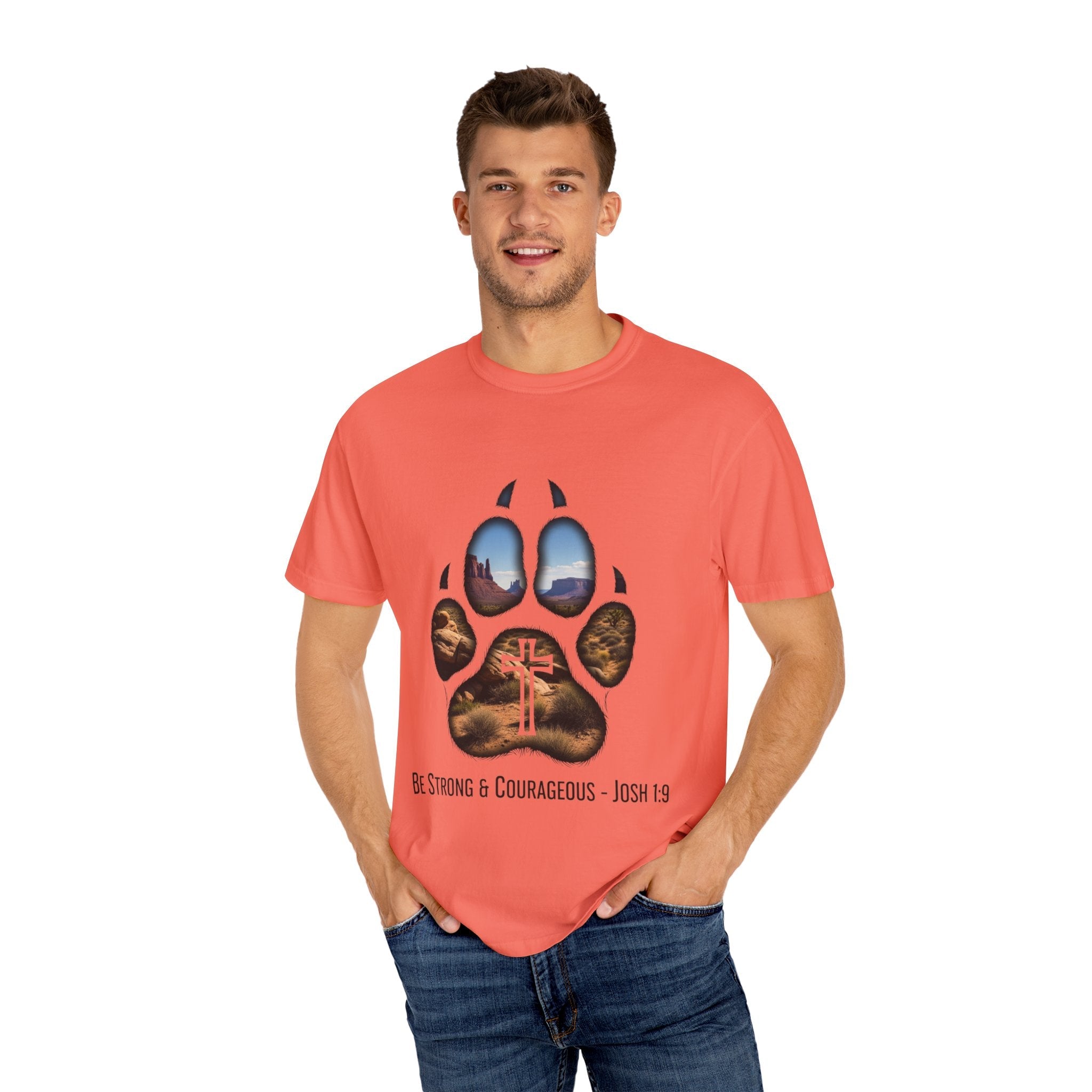 Strong and Courageous T-Shirt – Canine Pawprint Desert Joshua 1:9 Christian Tee Printify