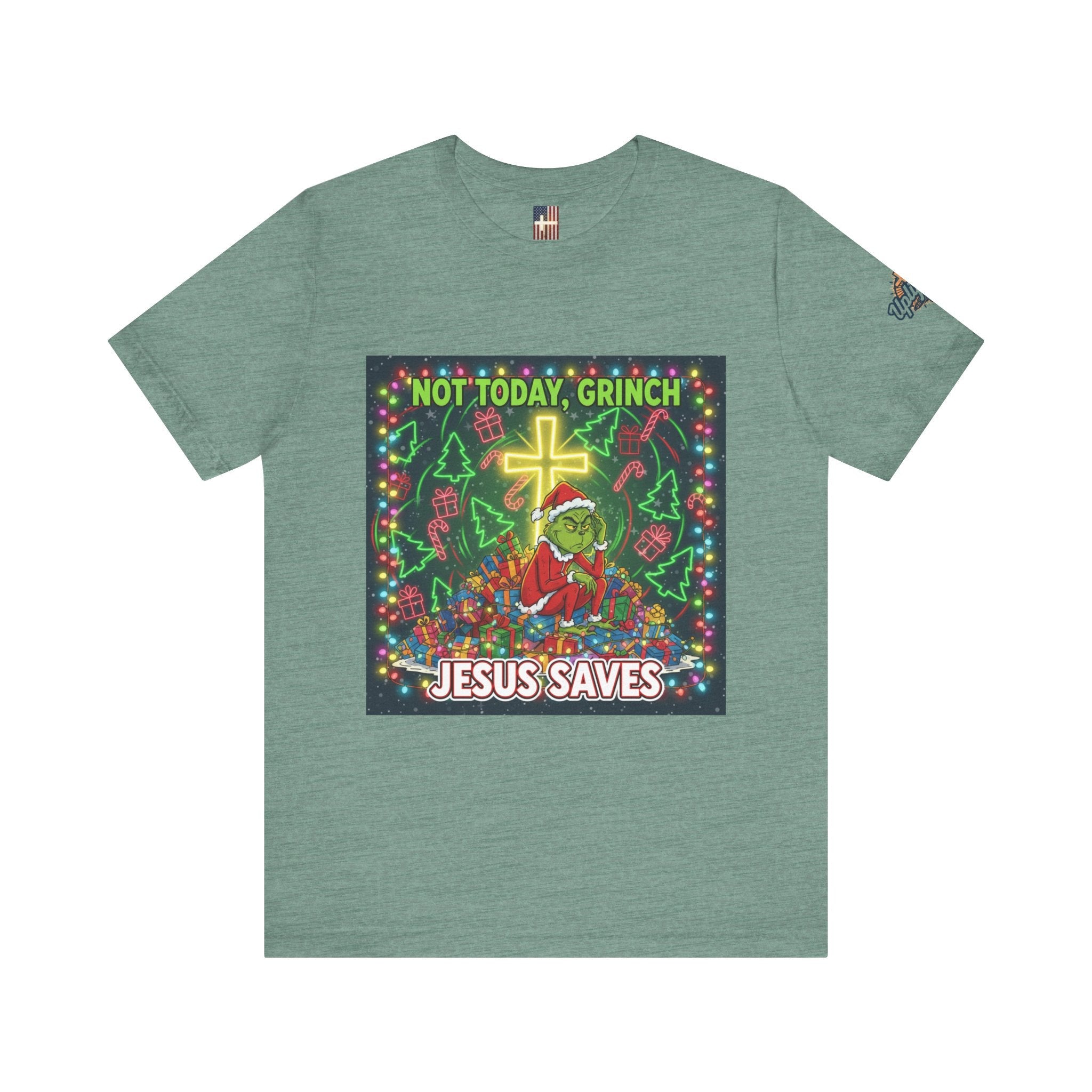 🎄 Not Today, Grinch – Jesus Saves | Funny Christian Christmas T-Shirt | Festive Green & Red Cartoon Style | Bold Faith Holiday Tee by Uplifted Gear Printify
