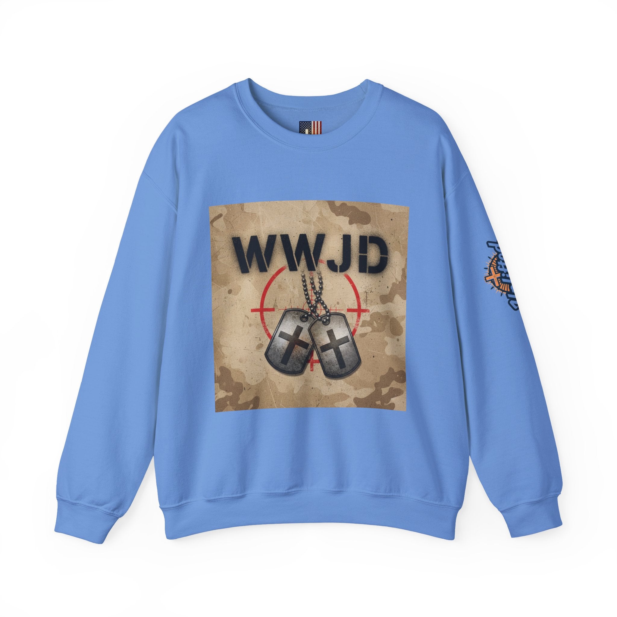 WWJD Sweatshirt – Military Dog Tags What Would Jesus Do Camo Christian Sweatshirt for Bold Faith & Streetwear Printify