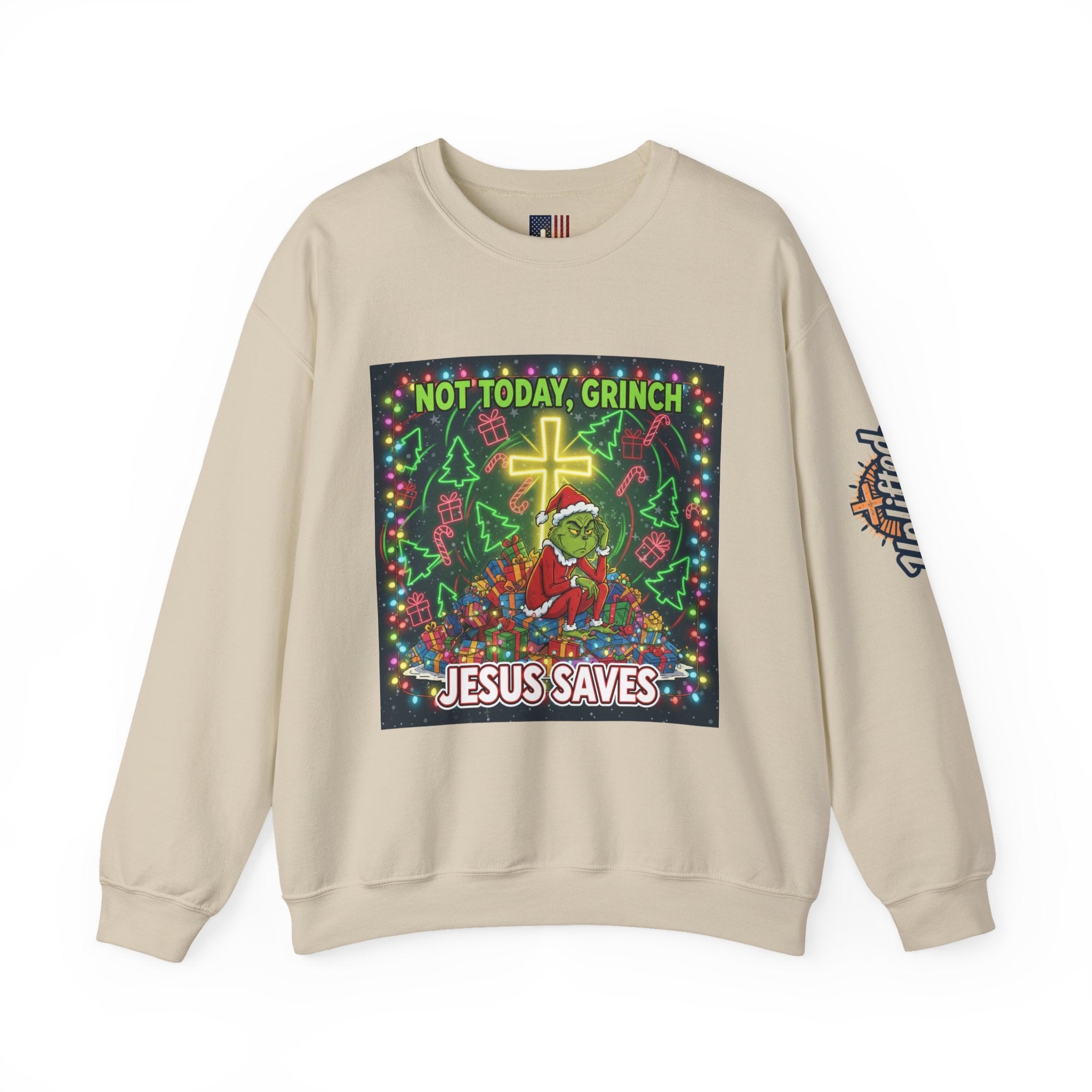 🎄 Not Today, Grinch – Jesus Saves | Funny Christian Christmas Sweatshirt | Festive Green & Red Cartoon Style | Bold Faith Holiday Tee by Uplifted Gear Printify