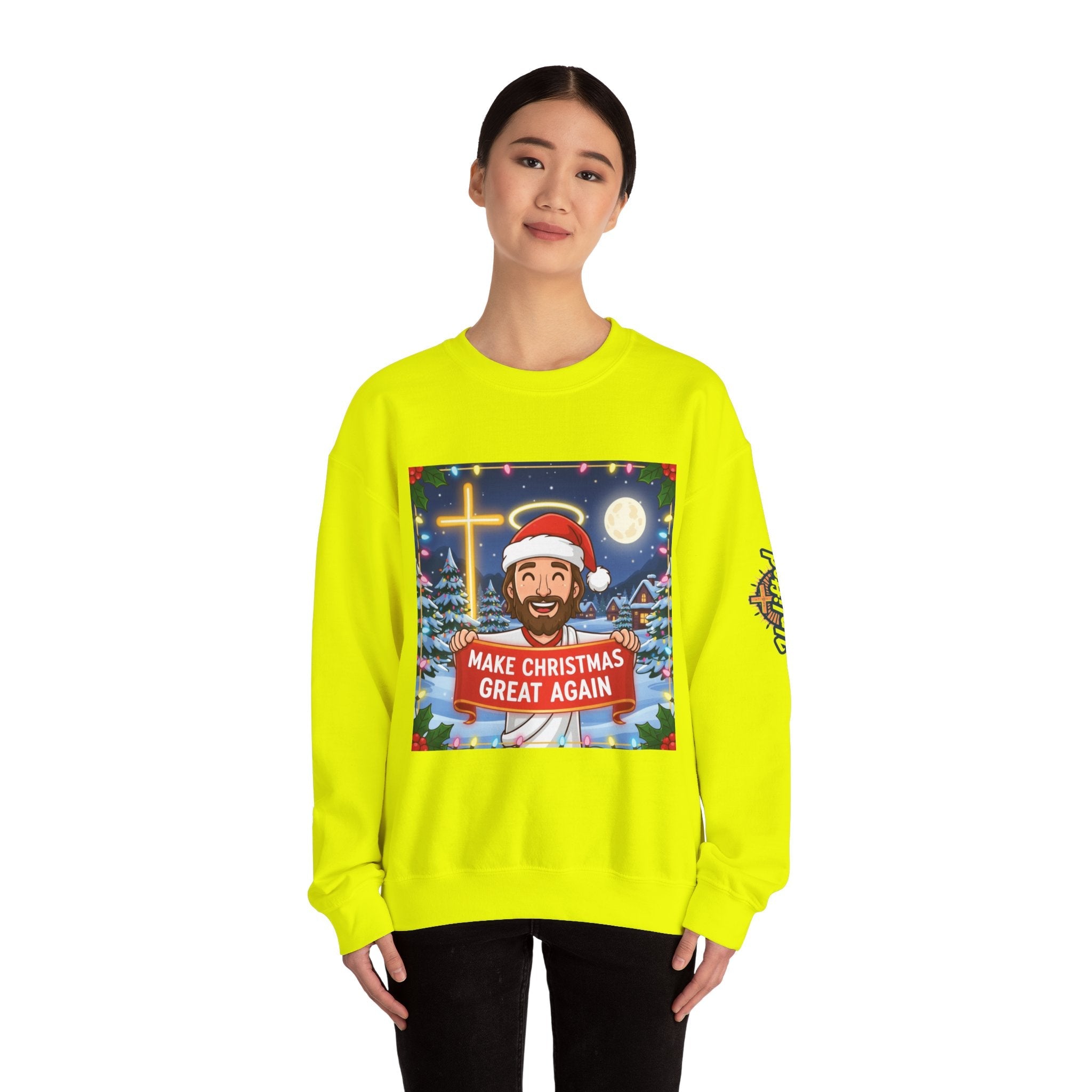 🎄 Make Christmas Great Again – Funny Christian Sweatshirt | Jesus Holding Banner | Faith-Based Holiday Parody Tee | Uplifted Gear Printify