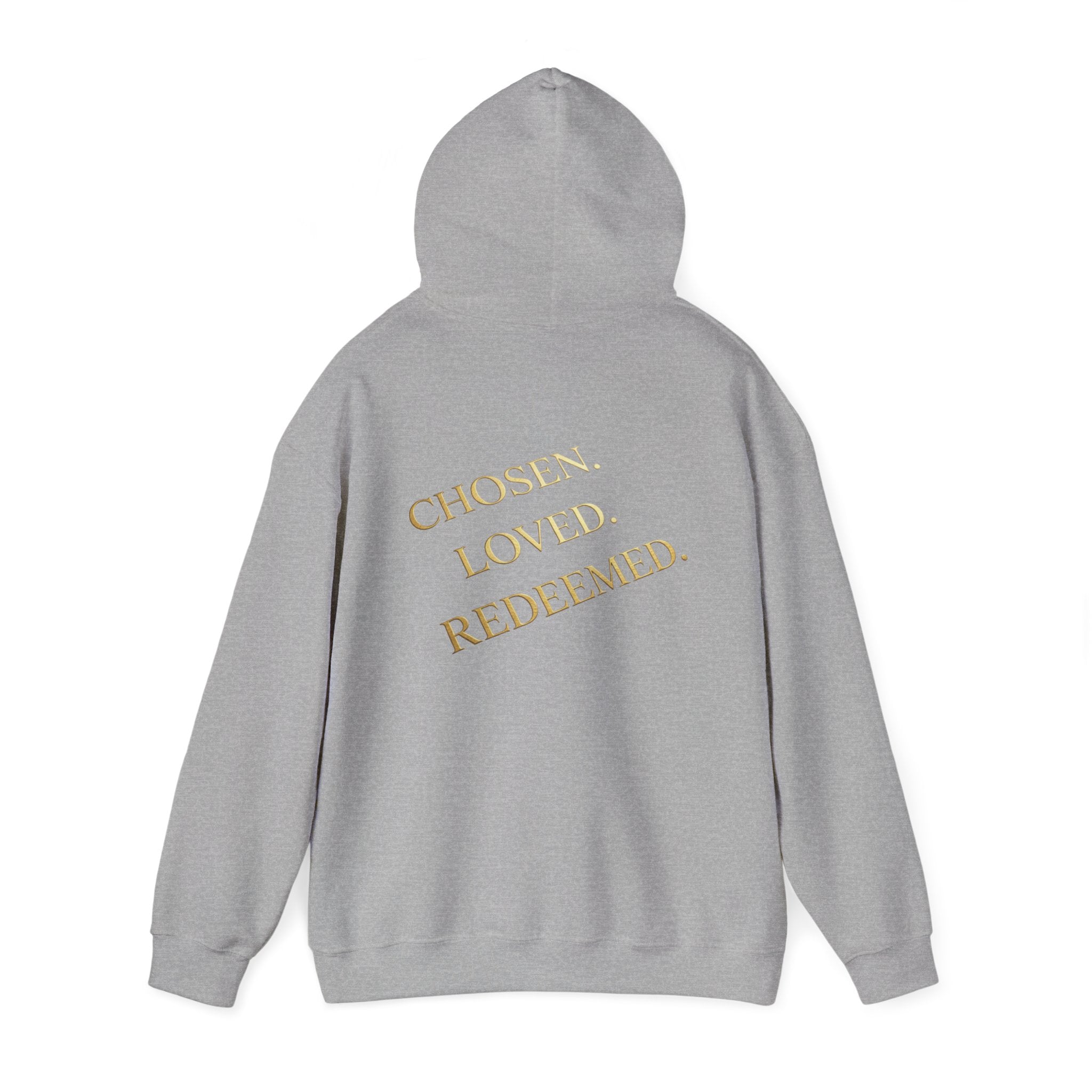 ✨ Chosen. Loved. Redeemed. – Elegant Christian Hoodie | Gold Foil Faith Tee | Subtle Cross & Heart Design | Inspirational Bible Verse Apparel by Uplifted Gear Printify