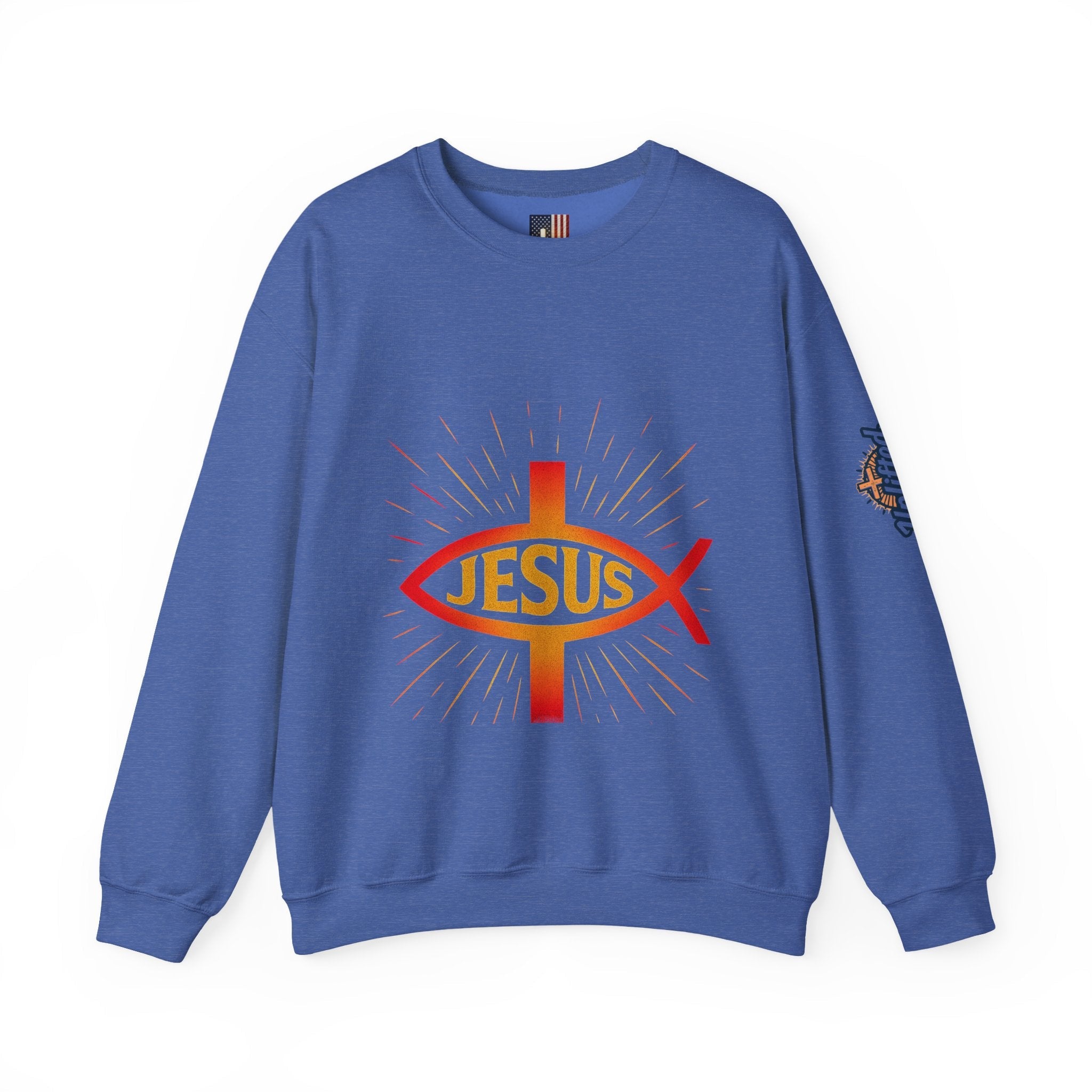 Jesus Ichthys Sweatshirt – Christian Fish Symbol with Cross & Jesus Inscription Sweatshirt for Eternal Faith & Streetwear Printify
