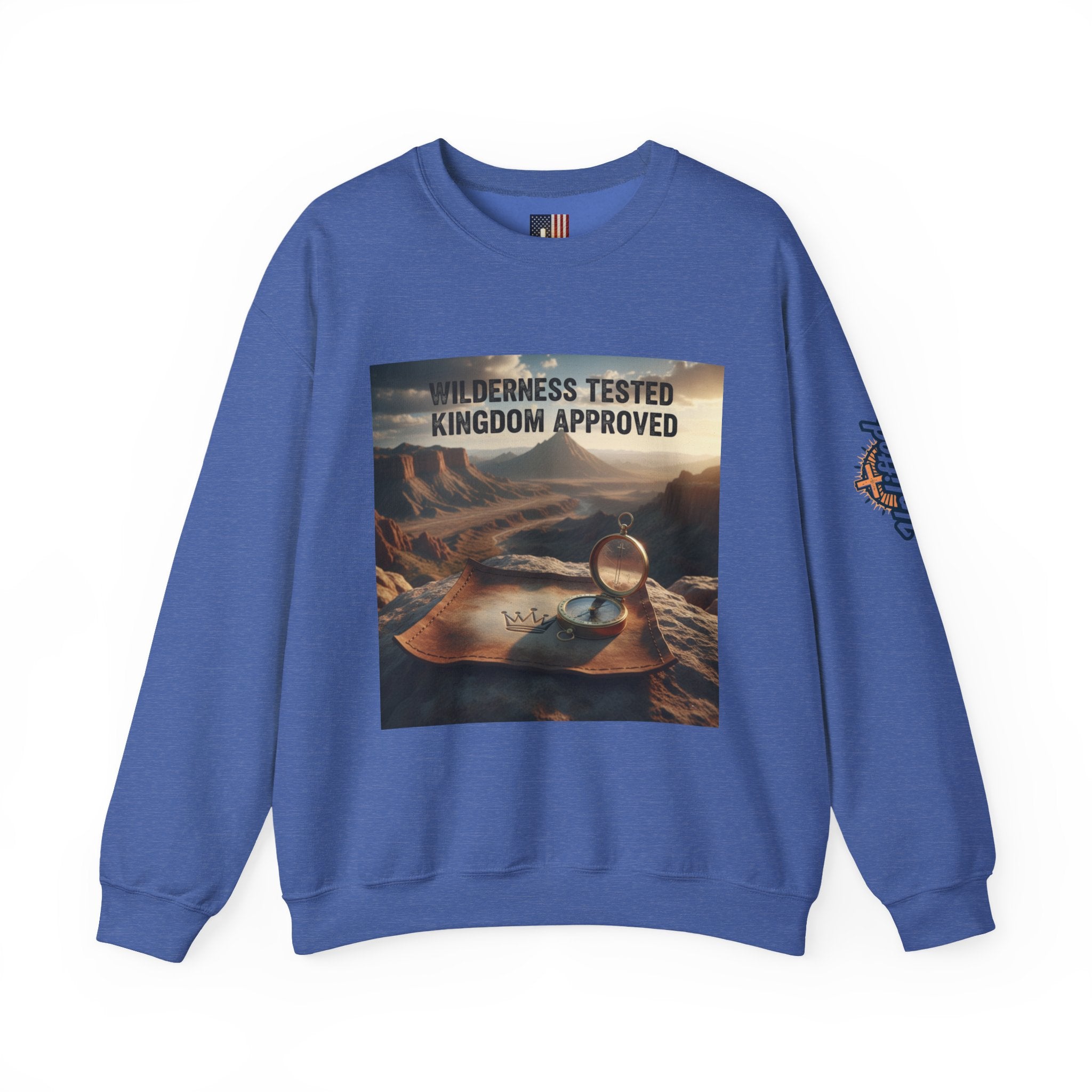 Wilderness Tested Kingdom Approved Sweatshirt – Mountain Desert Compass Crown Christian Sweatshirt for Biblical Adventure Faith Printify