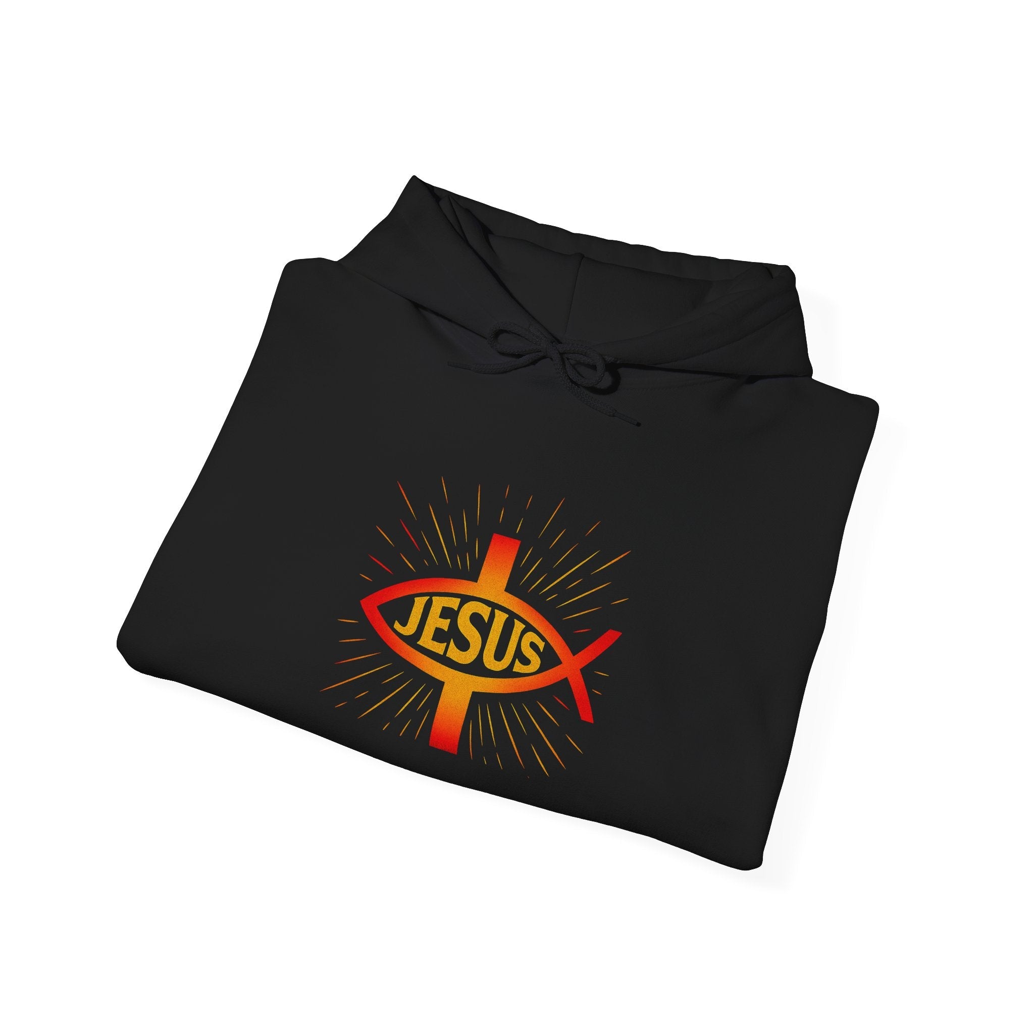Jesus Ichthys Hoodie – Christian Fish Symbol with Cross & Jesus Inscription Sweatshirt for Eternal Faith & Streetwear Printify