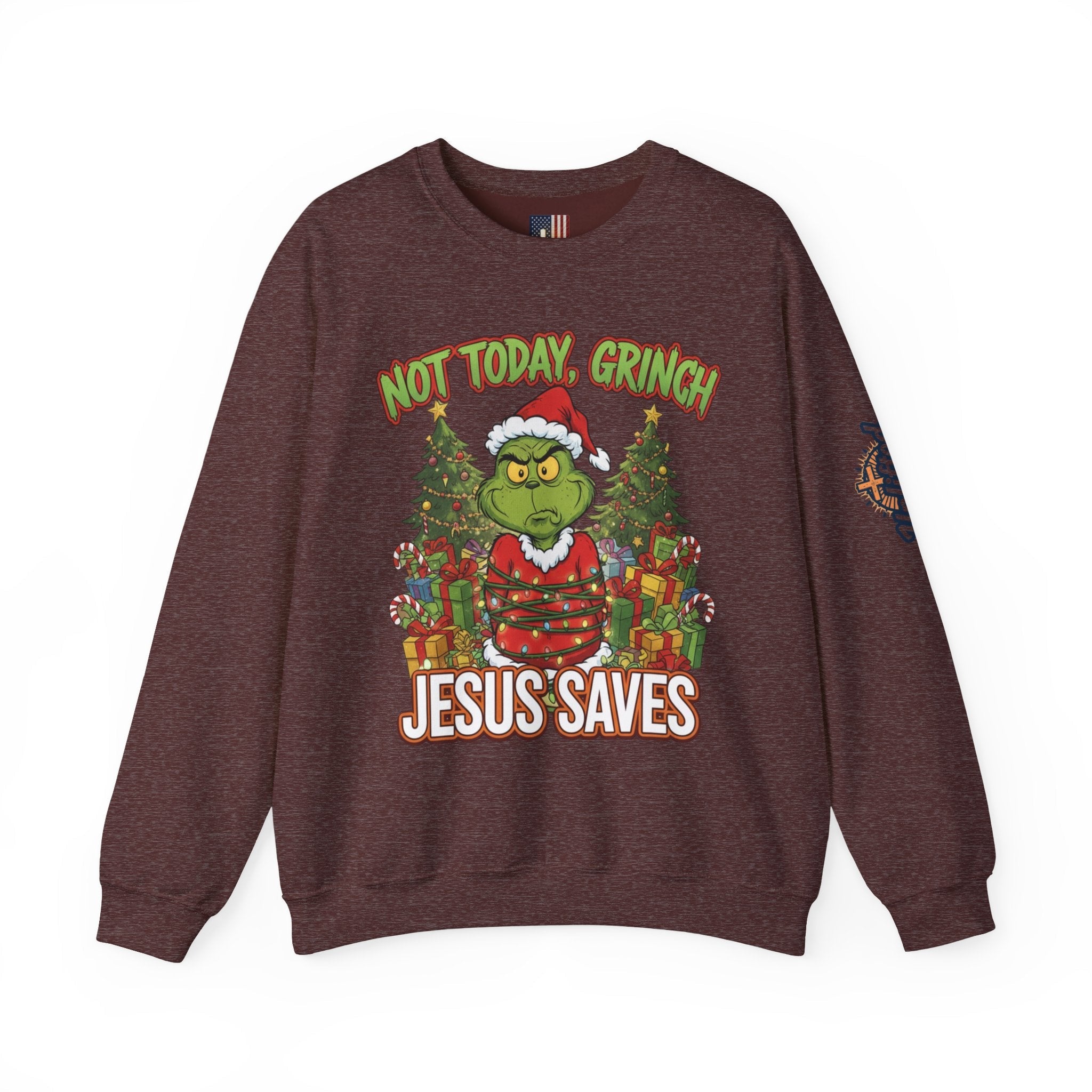 🎄 Not Today, Grinch – Jesus Saves | Funny Christian Christmas Sweatshirt | Sulking Grinch & Glowing Cross | Bold Neon Faith Tee by Uplifted Gear Printify