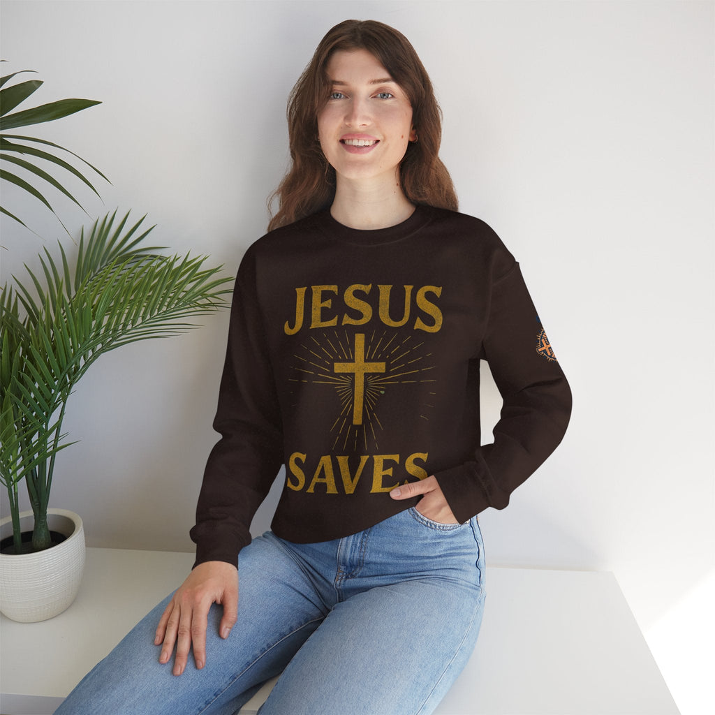 Jesus Saves Sweatshirt – Radiant Cross & Rays of Light Christian Sweatshirt for Eternal Hope & Faith Printify