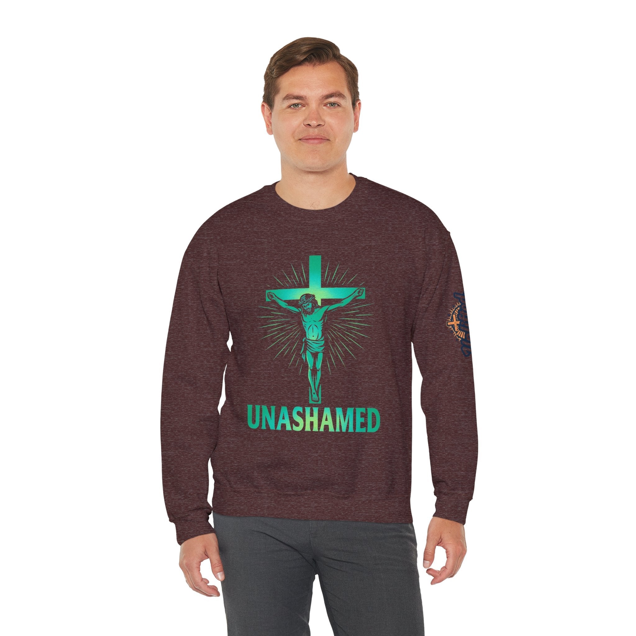 Unashamed Sweatshirt – Romans 1:16 Crucifixion Christian Sweatshirt for Bold Unwavering Faith Printify